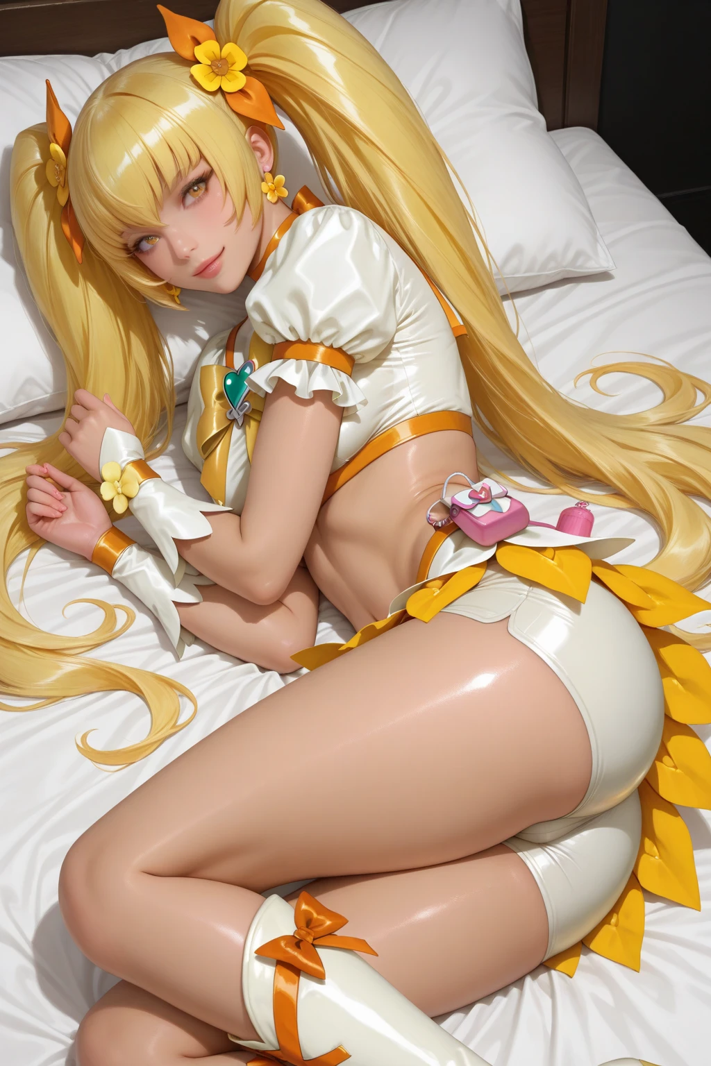 masturbation behavior、Golden Hair、A beautiful young looking woman、Cute smile、Gorgeous full nude、Twin tail hairstyle、Yellow ribbon hair accessory、Beautiful areola、Thick armpit hair、Black jungle-like pubic hair、A thick, erect penis、Plump scrotum、Beautiful hands、Beautiful anus、Semen dripping from the crotch、Leg spread、On the bed
