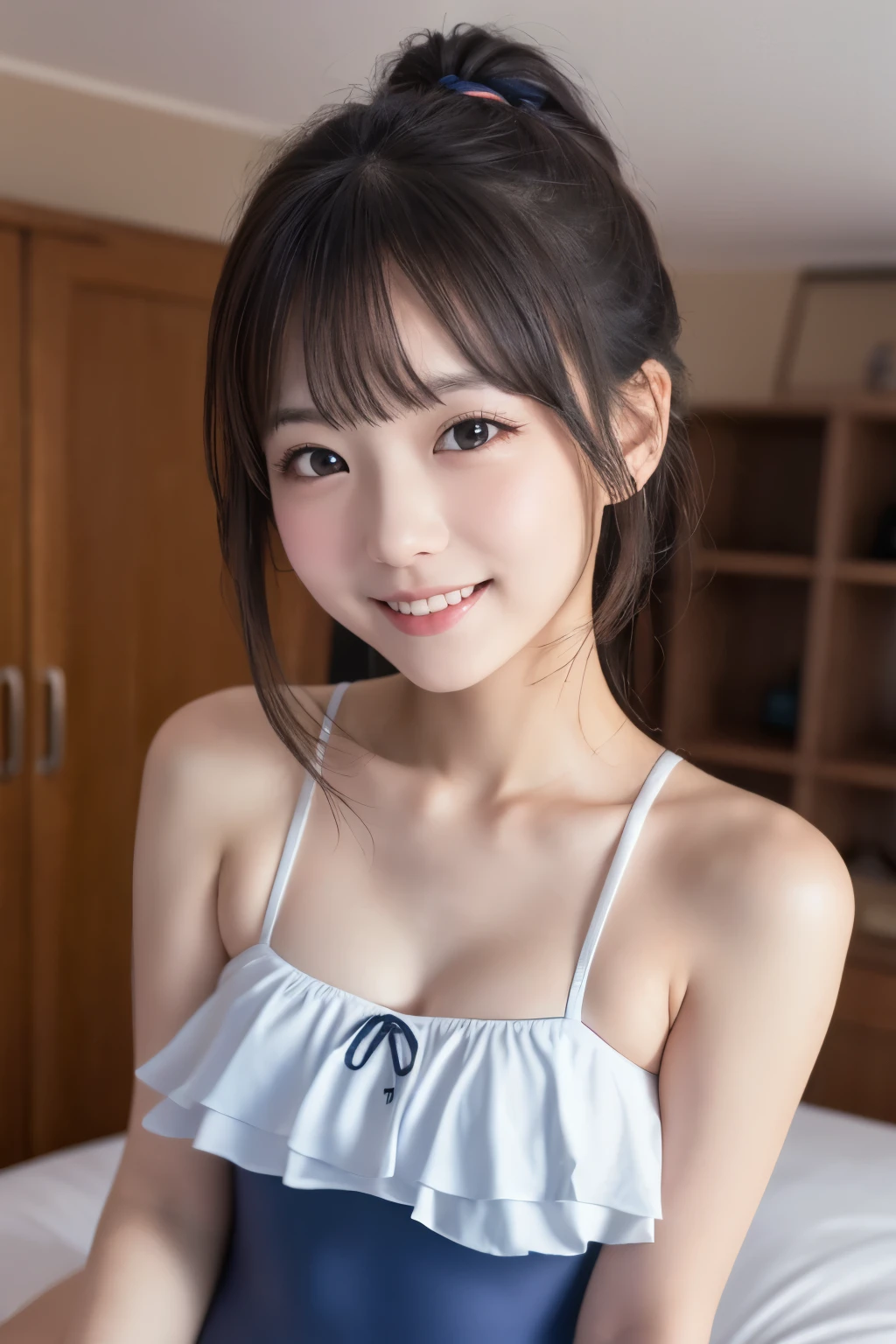 (Highest Quality,masterpiece:1.3,Ultra High Definition),(very detailed、Caustics) ,(Photorealistic:1.4, RAW shooting),Ultra realistic capture、very detailed、masterpiece、(miyako _Blue Archive, miyako ,bright blue bare shoulders ,blue one-piece swimsuit ,  casual one-piece swimsuit :1.3)、(:1.3)、(bedroom), , refined,Perfect Anatomy、smaller、lost weight、Thin Arms、1 person、cute expression、seductive、smile、viewer、９age、without makeup、baby-like face、professional lighting, Film Grain,  color difference, (eye and face details:1.0), (Bokeh:1.1),