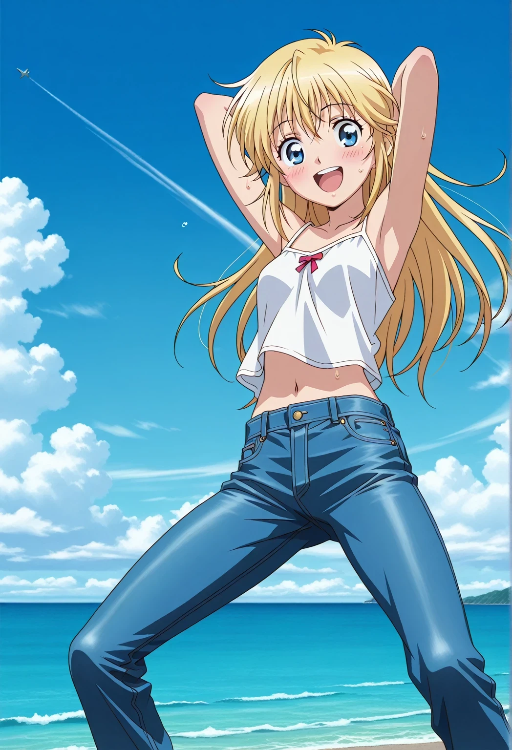 score_9, score_8_up, score_7_up, source_anime, highres, hi res, ((best quality, top quality, perfect quality, Highest Quality, amazing quality)), {{masterpiece}}, {{an extremely delicate and beautiful}}, 2d, intricate details, official style, anime, 8k, anime style, official_anime, official art, digital painting, cell shading, soft shading, high resolution, soothing tones, Subdued Color, Soft cinematic light, adobe lightroom, photolab, HDR, intricately and hyper-detailed, ((high quality animation)), 1 girl, Alone, solo, ((ocean)), tsunami, on the water, day, sunny, outdoors, sky, windy, Cleao Everlasting, blue eyes, blonde hair, long hair, anime screencap, small breasts, white camisole top, crop top, white crop top, best quality, hyper-detailed jeans, ((blue jeans:1.9)), (dark blue jeans:0.6), full medium body, medium shot, Open mouth, smiling, happy face, blush, sweat, standing, ((arms behind head:6.0)), bowlegged, jumping pose, action, looking at viewer, spread legs, Bend knees slightly, straight-on front view