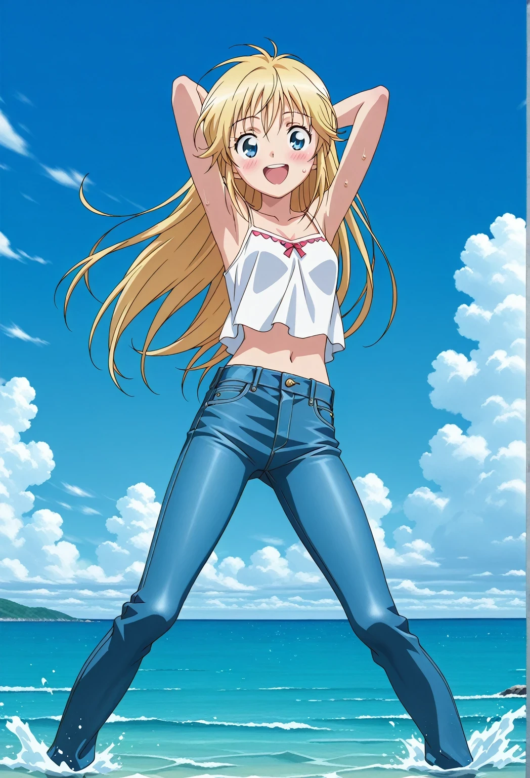 score_9, score_8_up, score_7_up, source_anime, highres, hi res, ((best quality, top quality, perfect quality, Highest Quality, amazing quality)), {{masterpiece}}, {{an extremely delicate and beautiful}}, 2d, intricate details, official style, anime, 8k, anime style, official_anime, official art, digital painting, cell shading, soft shading, high resolution, soothing tones, Subdued Color, Soft cinematic light, adobe lightroom, photolab, HDR, intricately and hyper-detailed, ((high quality animation)), 1 girl, Alone, solo, ((ocean)), tsunami, on the water, day, sunny, outdoors, sky, windy, Cleao Everlasting, blue eyes, blonde hair, long hair, anime screencap, small breasts, white camisole top, crop top, white crop top, best quality, hyper-detailed jeans, ((blue jeans:1.9)), (dark blue jeans:0.6), full medium body, medium shot, Open mouth, smiling, happy face, blush, sweat, standing, ((arms behind head:6.0)), bowlegged, jumping pose, action, looking at viewer, spread legs, Bend knees slightly, straight-on front view