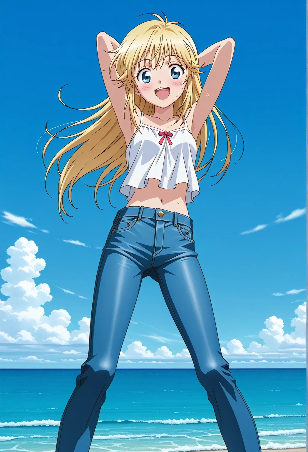 score_9, score_8_up, score_7_up, source_anime, highres, hi res, ((best quality, top quality, perfect quality, Highest Quality, amazing quality)), {{masterpiece}}, {{an extremely delicate and beautiful}}, 2d, intricate details, official style, anime, 8k, anime style, official_anime, official art, digital painting, cell shading, soft shading, high resolution, soothing tones, Subdued Color, Soft cinematic light, adobe lightroom, photolab, HDR, intricately and hyper-detailed, ((high quality animation)), 1 girl, Alone, solo, ((ocean)), tsunami, on the water, day, sunny, outdoors, sky, windy, Cleao Everlasting, blue eyes, blonde hair, long hair, anime screencap, small breasts, white camisole top, crop top, white crop top, best quality, hyper-detailed jeans, ((blue jeans:1.9)), (dark blue jeans:0.6), full medium body, medium shot, Open mouth, smiling, happy face, blush, sweat, standing, ((arms behind head:6.0)), bowlegged, jumping pose, action, looking at viewer, spread legs, Bend knees slightly, straight-on front view