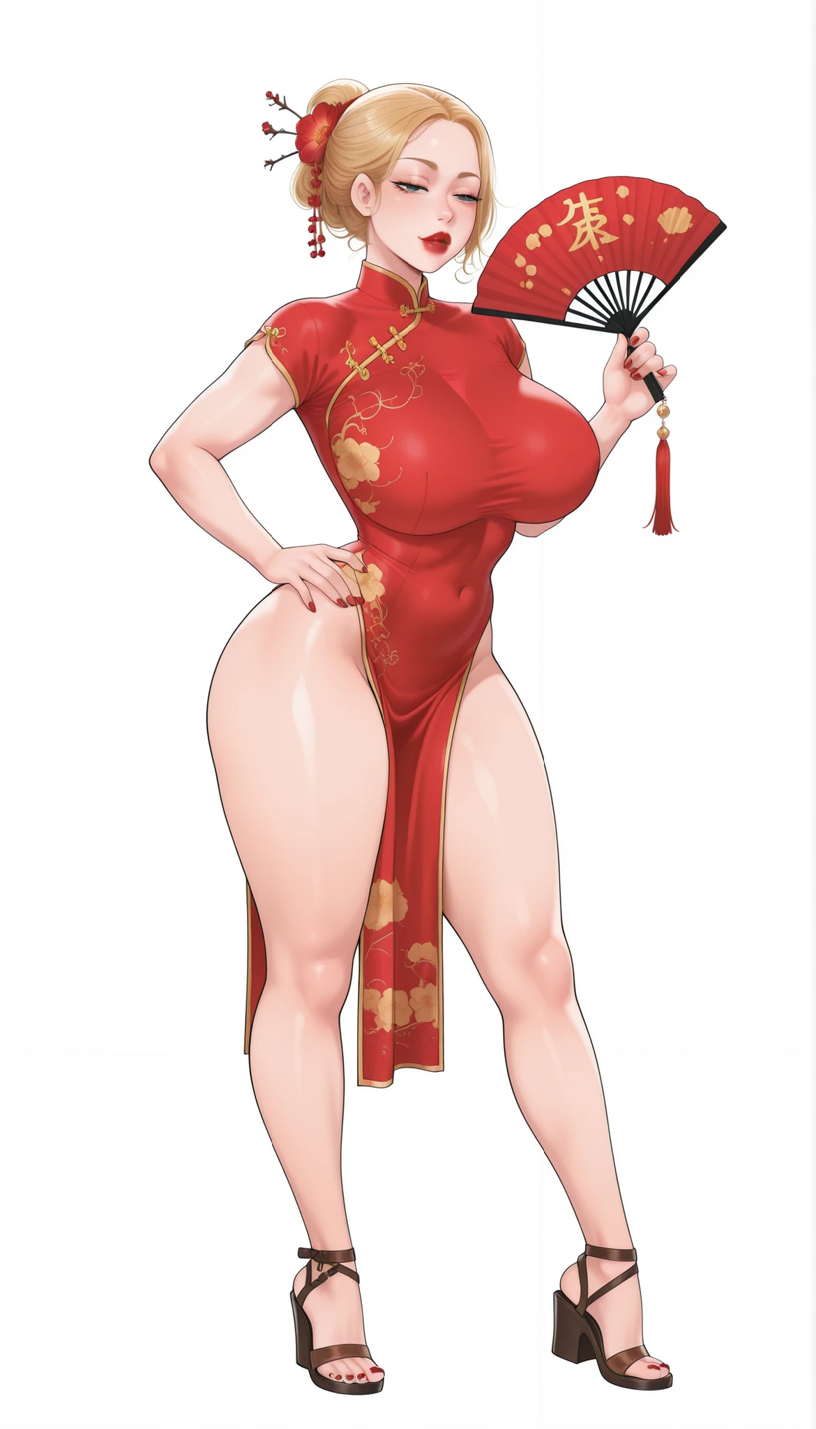 Yumi (New Town), a beautiful extremely sexy woman with long glowy sleek yellow-blonde hair, blue eyes, bimbo plump round red lips, bright red nails, extremely fair white glowy skin, a cinched small tight narrow waist, an hourglass figure, big breasts, a small tight cinched waist, and a sexy voluptuous-curvy body. She's wearing a revealing mini short tight white-red Chinese dress, one flower in her hair, pieces of jewelry, full bare legs, and strappy ankle tall brown sandals. She's standing in a sexy pose, carrying one Chinese hand fan in one hand, narrowed eyes, and a plain white empty background. Show her full body head to sandals, proper middle-waist level view, SOLO, and super creative hyper-detailed.