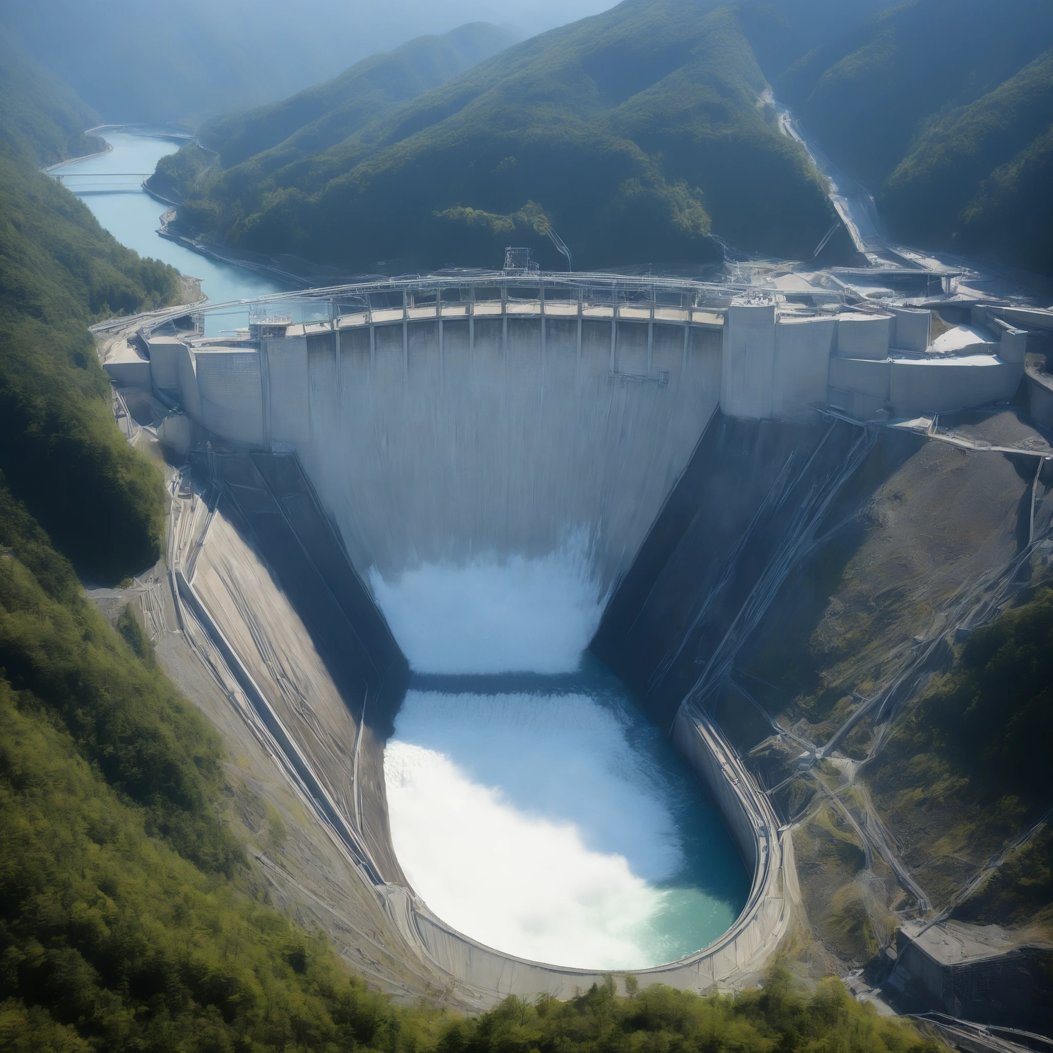8k,Ultra Hi-Res:high resolution images、(realistic expression:1.5),Toyama Prefecture、(the huge Kurobe dam that was completed:1.5)、(The elegance and treatment of Kurobe Dam:1.5),(The huge Kurobe Arch Dam that was completed:1.5),(It flows like fog from the 186-meter-high gravity arch dam:1.5),(The majestic atmosphere of the supermassive structure:1.5),(Image taken from above:1.5),(There is a tooth hydroelectric power plant at the bottom of the dam:1.5),I dammed the Kurobe River、The dam lake's water storage capacity is now full,(The exterior of the majestic dam:1.5)、(Mega Structure:1.5),(The center of the dam2point:1.5),(The huge arch that was completed Kurobe dam:1.5),(The huge Kurobe Arch Dam that was completed:1.5),