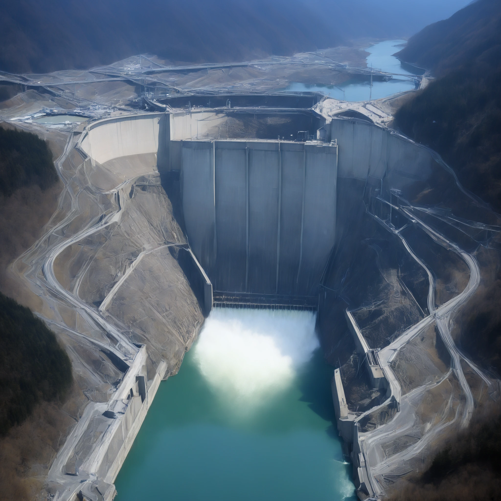 8k,Ultra Hi-Res:high resolution images、(realistic expression:1.5),Toyama Prefecture、(the huge Kurobe dam that was completed:1.5)、(The elegance and treatment of Kurobe Dam:1.5),(The huge Kurobe Arch Dam that was completed:1.5),(It flows like fog from the 186-meter-high gravity arch dam:1.5),(The majestic atmosphere of the supermassive structure:1.5),(Image taken from above:1.5),(There is a tooth hydroelectric power plant at the bottom of the dam:1.5),I dammed the Kurobe River、The dam lake's water storage capacity is now full,(The exterior of the majestic dam:1.5)、(Mega Structure:1.5),(The center of the dam2point:1.5),(The huge arch that was completed Kurobe dam:1.5),(The huge Kurobe Arch Dam that was completed:1.5),
