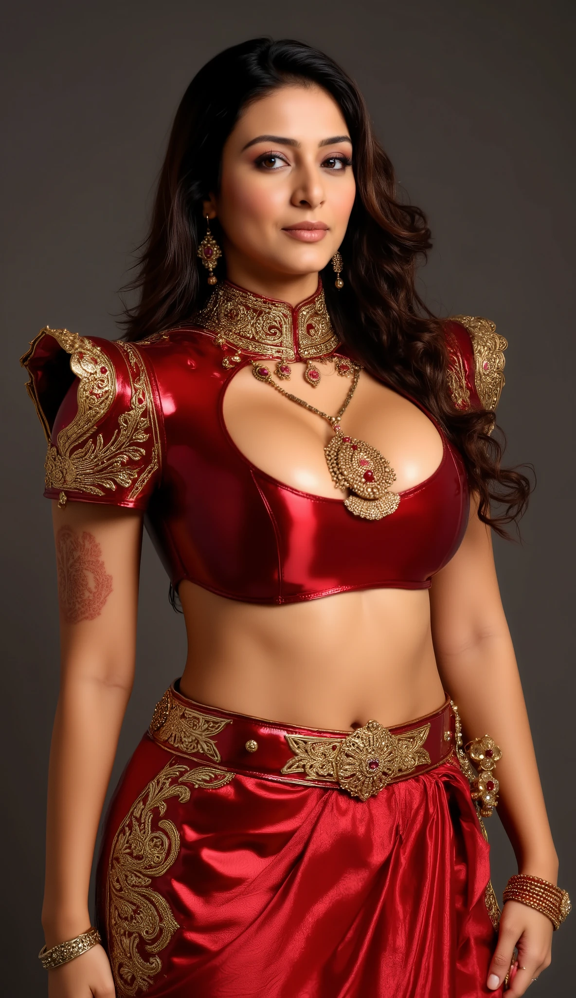 Anushka shetty 35 years old actress  transparent crop top,  Bra/Breast Size, 34 inches ; Waist Size, 28 inches ; Hip Size, 30inches.,visible breast and nipples,ultrarealist, intricate details,image of perfect curvy thick milf bbw Goddess tabu wearing red armor suit with intricate indian design also have golden jewelry,very thick milf body,naval  long hair,、 looking at the viewer、 close up shot, full half body , modern wear brand shoot,,she didn't like to wear blouse or bra, she hates blouse or bra, detailed hairy armpits,