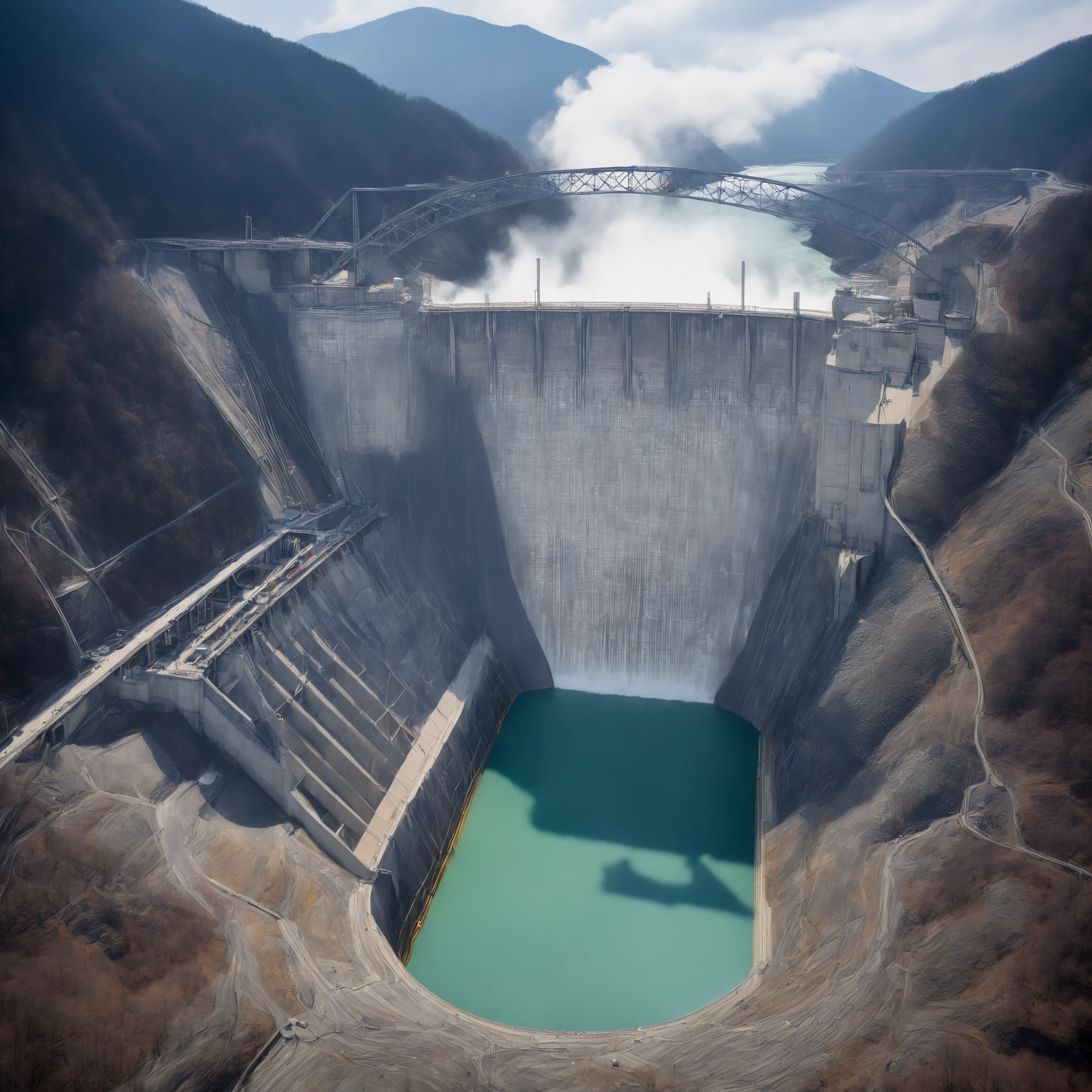 8k,Ultra Hi-Res:high resolution images、(realistic expression:1.5),Toyama Prefecture、(the huge Kurobe dam that was completed:1.5)、(The elegance and treatment of Kurobe Dam:1.5),(The huge Kurobe Arch Dam that was completed:1.5),(It flows like fog from the 186-meter-high gravity arch dam:1.5),(The majestic atmosphere of the supermassive structure:1.5),(Image taken from above:1.5),(There is a tooth hydroelectric power plant at the bottom of the dam:1.5),I dammed the Kurobe River、The dam lake's water storage capacity is now full,(The exterior of the majestic dam:1.5)、(Mega Structure:1.5),(The center of the dam２point:1.5),(The huge arch that was completed Kurobe dam:1.5),(The huge Kurobe Arch Dam that was completed:1.5),