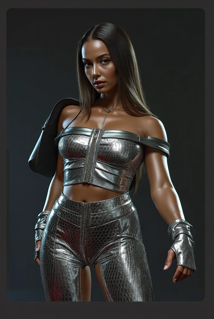 A woman in black outfit and gold cuffs poses for a photo, gilded black uniform, Tenue de guerrier, Armure noire aux accents jaunes, female outfit, black and gold armor, black and golden armor, Golden outfit, Haut du torse inclus, costume en cuir noir, Glamour Tifa Lockheart, Tenue de ninja, Canari noir, mechanic punk outfit, gold armour suit, diesel punk female