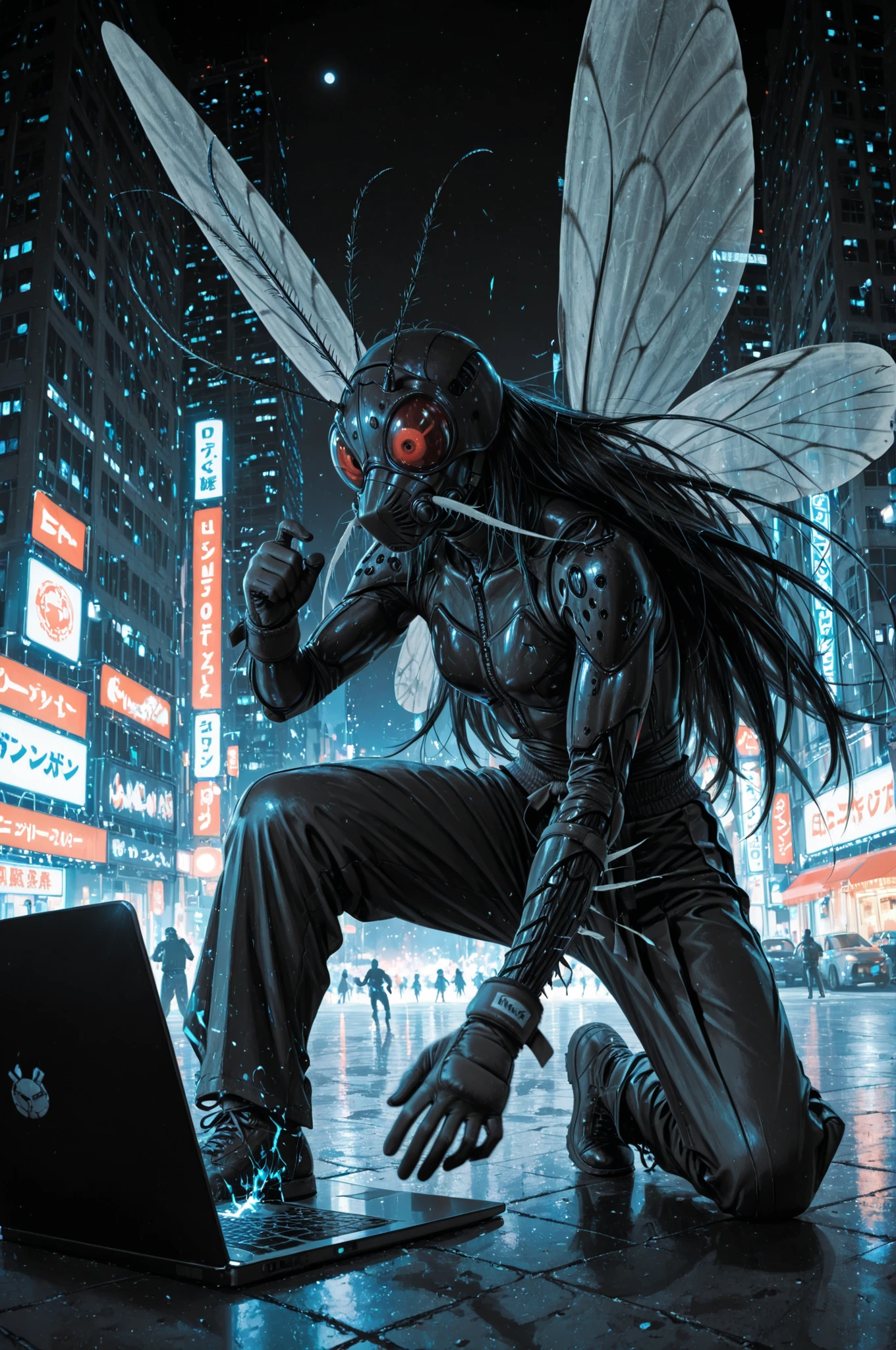 laptop background, 8k, high quality, like a movie, mosquito theme, Japanese oldman, long hair,Boxing woman fighting mosquito monster, using mask, ready for battle, exterminating mosquito monster, action-packed, night, moonlight, in city
