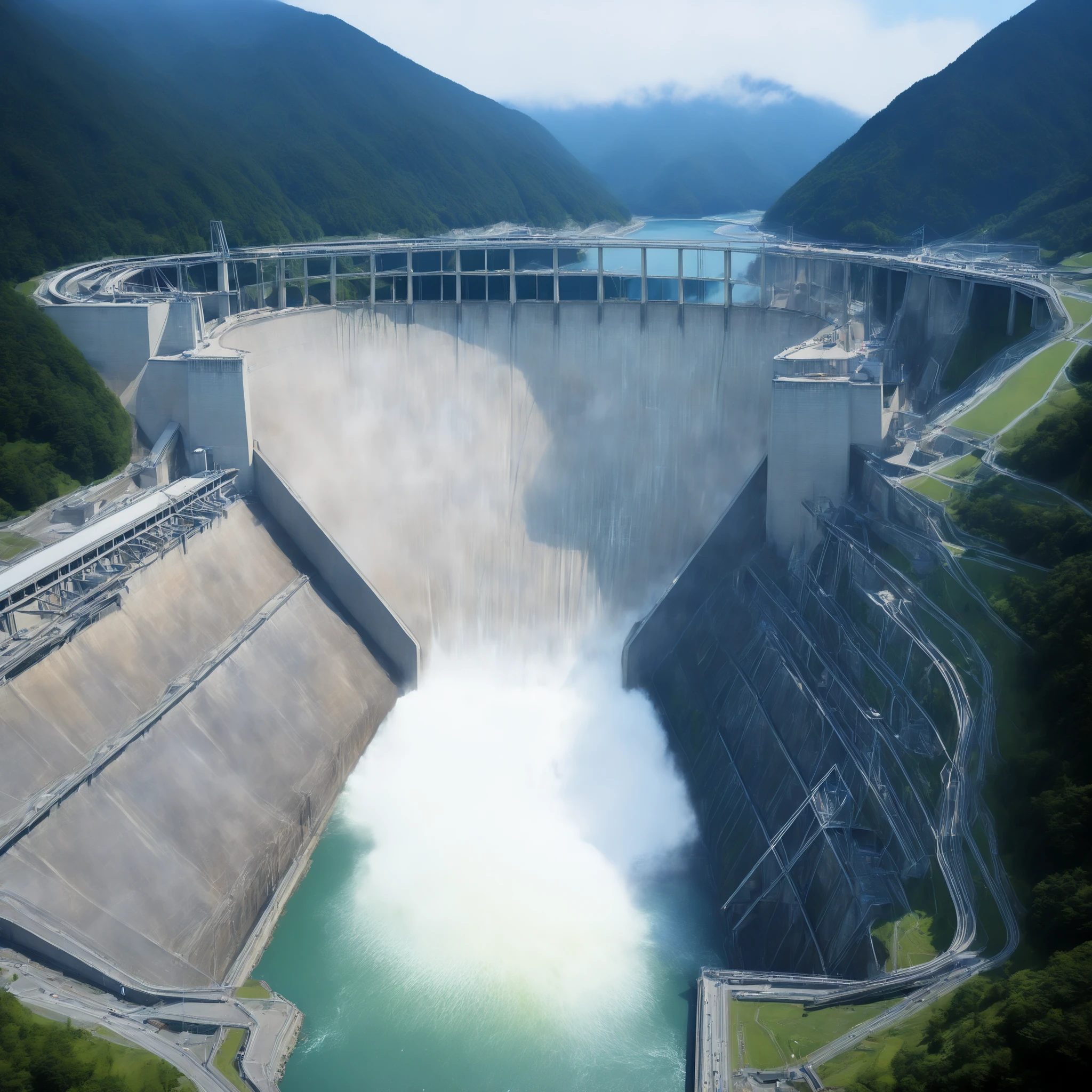 8k,Ultra Hi-Res:high resolution images、(realistic expression:1.5),Toyama Prefecture、(the huge Kurobe dam that was completed:1.5)、(The elegance and treatment of Kurobe Dam:1.5),(The huge Kurobe Arch Dam that was completed:1.5),(It flows like fog from the 186-meter-high gravity arch dam:1.5),(The majestic atmosphere of the supermassive structure:1.5),(Image taken from above:1.5),(There is a tooth hydroelectric power plant at the bottom of the dam:1.5),I dammed the Kurobe River、The dam lake's water storage capacity is now full,(The exterior of the majestic dam:1.5)、(Mega Structure:1.5),(The center of the dam2point:1.5),(The huge arch that was completed Kurobe dam:1.5),(The huge Kurobe Arch Dam that was completed:1.5),