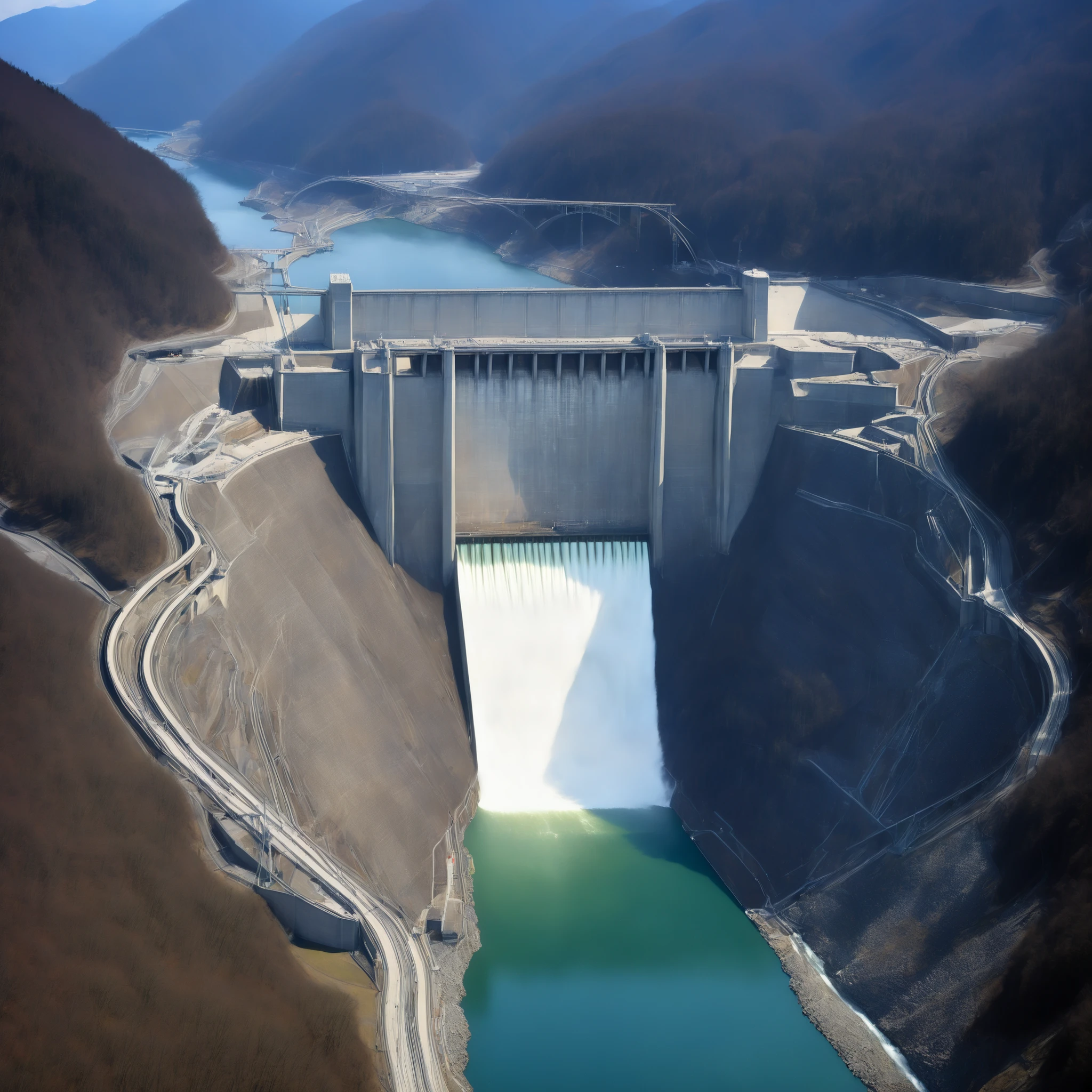 8k,Ultra Hi-Res:high resolution images、(realistic expression:1.5),Toyama Prefecture、(the huge Kurobe dam that was completed:1.5)、(The elegance and treatment of Kurobe Dam:1.5),(The huge Kurobe Arch Dam that was completed:1.5),(It flows like fog from the 186-meter-high gravity arch dam:1.5),(The majestic atmosphere of the supermassive structure:1.5),(Image taken from above:1.5),(There is a tooth hydroelectric power plant at the bottom of the dam:1.5),I dammed the Kurobe River、The dam lake's water storage capacity is now full,(The exterior of the majestic dam:1.5)、(Mega Structure:1.5),(The center of the dam２point:1.5),(The huge arch that was completed Kurobe dam:1.5),(The huge Kurobe Arch Dam that was completed:1.5),
