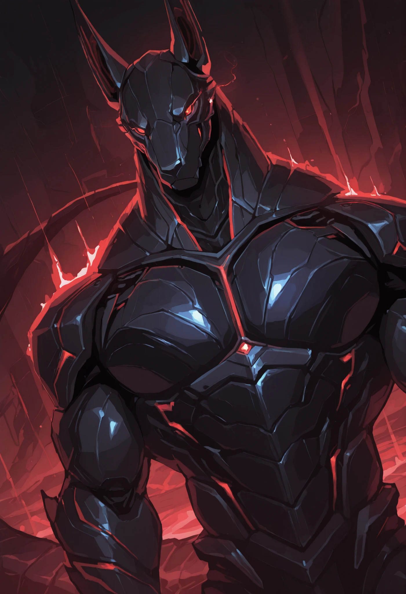 score_9, score_8_up, score_7_up, score_6_up, score_5_up, score_4_up, gigerworld, anthro jackal, wearing black waistcoat over heavy armor, bulky, wide chest
cybrog, anthro, jackal, male, Muscle, Delicate face, Delicate eyes, 1 big tail, (glowing LED), rubber goo body, crimson glowing eyes, black steel scales, black and evil armor, futuristic fantasy evil armor, heavy armor, snout-cover armored mask, faceless head, balanced physique, muscle-shaped armor, war machine, muscular physique, thick arms and legs, claws, warframe, cyborg, hands behind
dnd, powerful pose, levitating, advanced and stylish design, dutch angle, portrait, upper body focus, detailed background, newest, extremely detailed CG unity 8k wallpaper, realistic, masterpiece, highest quality, masterpiece, highest quality, lens flare, unreal engine, trending on ArtStation, Intricate, High Detail, dramatic, beautiful and detailed lighting, shadows