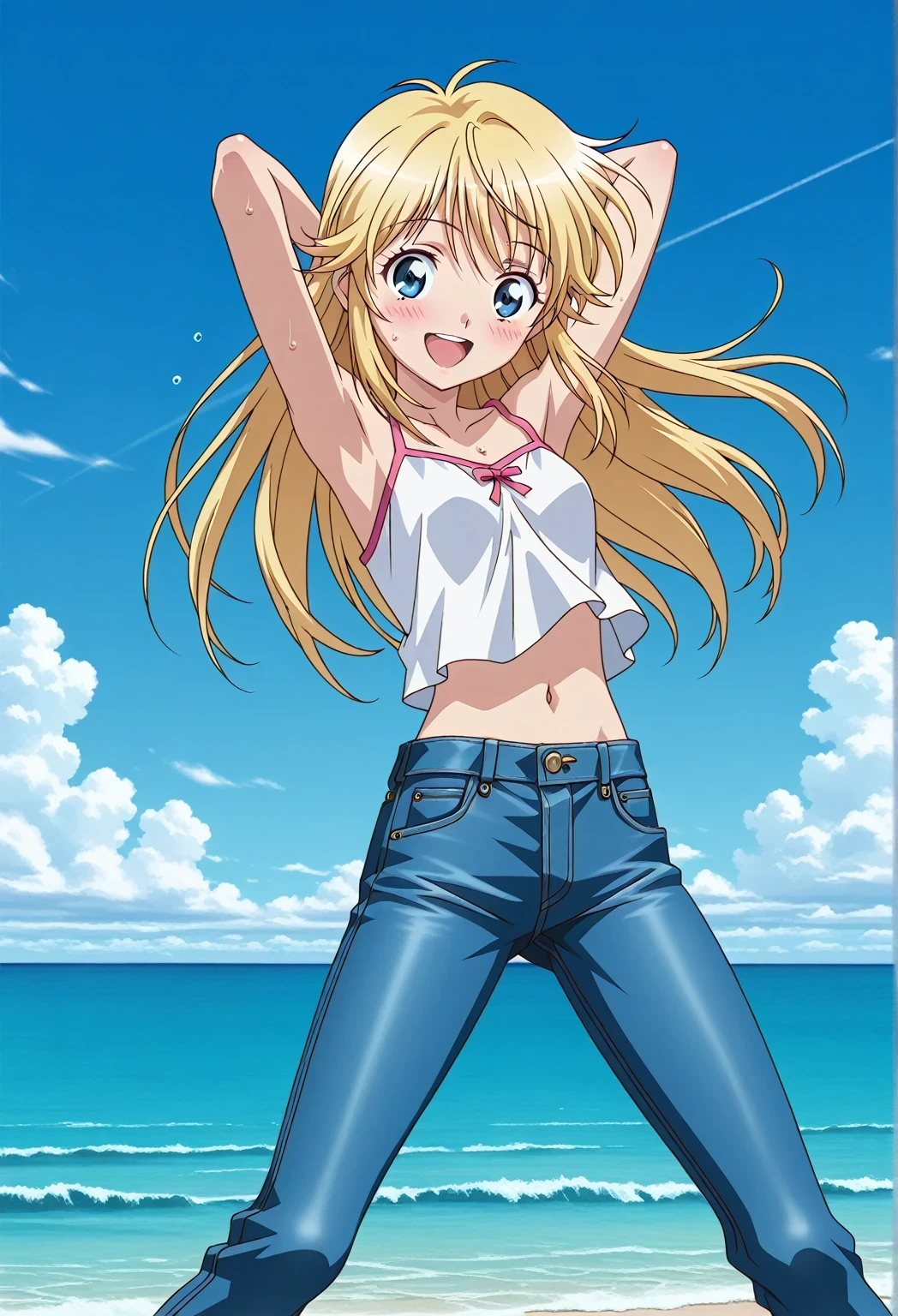 score_9, score_8_up, score_7_up, source_anime, highres, hi res, ((best quality, top quality, perfect quality, Highest Quality, amazing quality)), {{masterpiece}}, {{an extremely delicate and beautiful}}, 2d, intricate details, official style, anime, 8k, anime style, official_anime, official art, digital painting, cell shading, soft shading, high resolution, soothing tones, Subdued Color, Soft cinematic light, adobe lightroom, photolab, HDR, intricately and hyper-detailed, ((high quality animation)), 1 girl, Alone, solo, ((ocean)), tsunami, on the water, day, sunny, outdoors, sky, windy, Cleao Everlasting, blue eyes, blonde hair, long hair, anime screencap, small breasts, white camisole top, crop top, white crop top, best quality, hyper-detailed jeans, ((blue jeans:1.9)), (dark blue jeans:0.6), full medium body, medium shot, Open mouth, smiling, happy face, blush, sweat, standing, ((arms behind head:6.0)), bowlegged, jumping pose, action, looking at viewer, spread legs, Bend knees slightly, straight-on front view
