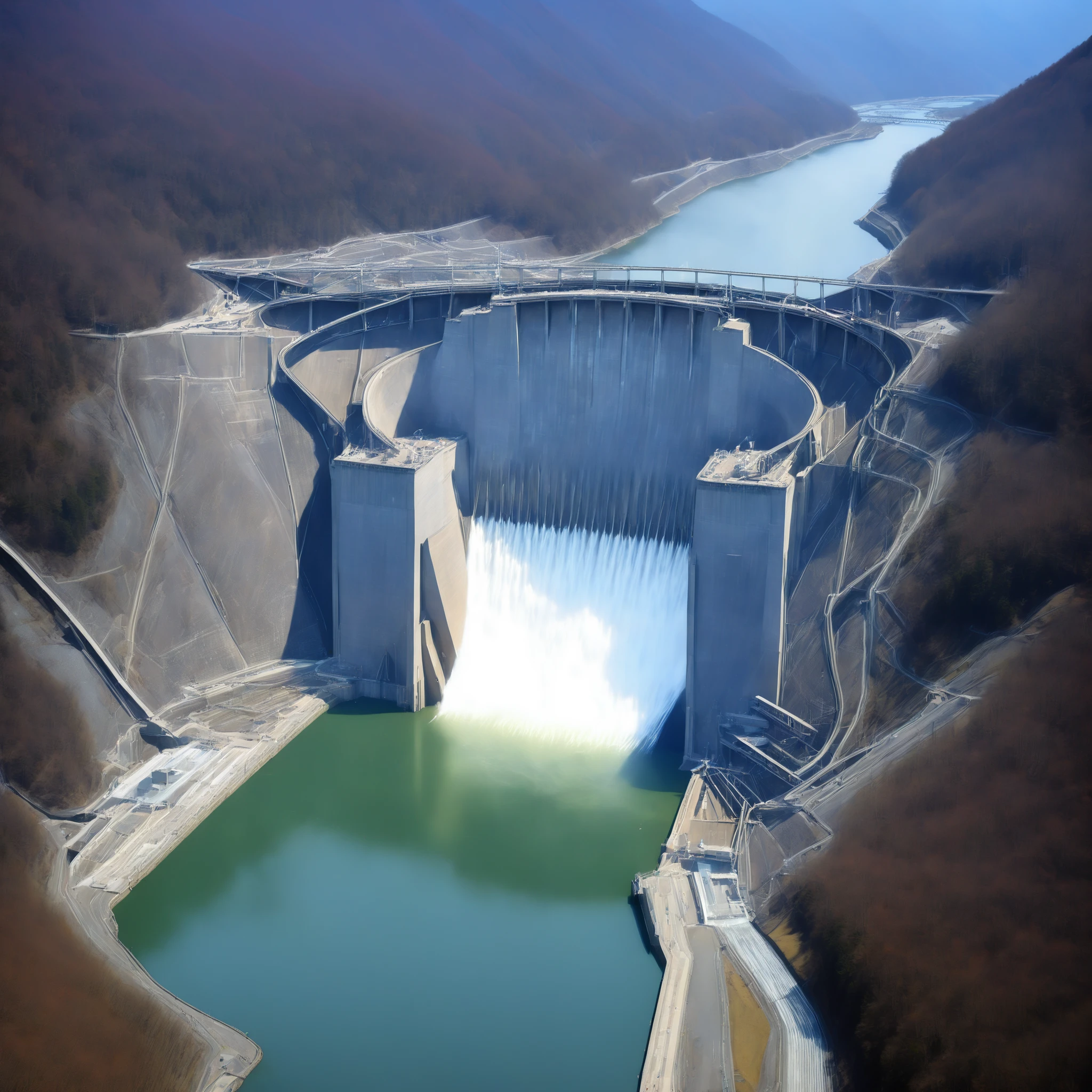 8k,Ultra Hi-Res:high resolution images、(realistic expression:1.5),Toyama Prefecture、(the huge Kurobe dam that was completed:1.5)、(The elegance and treatment of Kurobe Dam:1.5),(The huge Kurobe Arch Dam that was completed:1.5),(It flows like fog from the 186-meter-high gravity arch dam:1.5),(The majestic atmosphere of the supermassive structure:1.5),(Image taken from above:1.5),(There is a tooth hydroelectric power plant at the bottom of the dam:1.5),I dammed the Kurobe River、The dam lake's water storage capacity is now full,(The exterior of the majestic dam:1.5)、(Mega Structure:1.5),(The center of the dam2point:1.5),(The huge arch that was completed Kurobe dam:1.5),(The huge Kurobe Arch Dam that was completed:1.5),