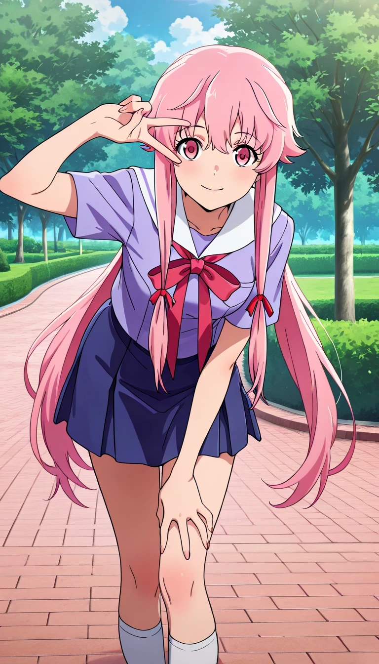 anime style, masterpiece, best quality, ultra detailed, high resolution, 8k, smile, 1 girl,
aayuno, pink eyes, pink hair, twintails, red ribbon, hair ribbon, school uniform, purple shirt, short sleeves, white sailor collar, red neckerchief, red bow, blue skirt, standing, leaning forward, park, v over the eye , white socks
