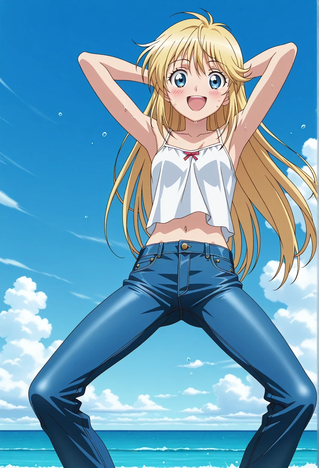 score_9, score_8_up, score_7_up, source_anime, highres, hi res, ((best quality, top quality, perfect quality, Highest Quality, amazing quality)), {{masterpiece}}, {{an extremely delicate and beautiful}}, 2d, intricate details, official style, anime, 8k, anime style, official_anime, official art, digital painting, cell shading, soft shading, high resolution, soothing tones, Subdued Color, Soft cinematic light, adobe lightroom, photolab, HDR, intricately and hyper-detailed, ((high quality animation)), 1 girl, Alone, solo, ((ocean)), tsunami, on the water, day, sunny, outdoors, sky, windy, Cleao Everlasting, blue eyes, blonde hair, long hair, anime screencap, small breasts, white camisole top, crop top, white crop top, best quality, hyper-detailed jeans, ((blue jeans:1.9)), (dark blue jeans:0.6), full medium body, medium shot, Open mouth, smiling, happy face, blush, sweat, standing, ((arms behind head:6.0)), bowlegged, sliding pose, action, looking at viewer, spread legs, Bend knees slightly, straight-on front view