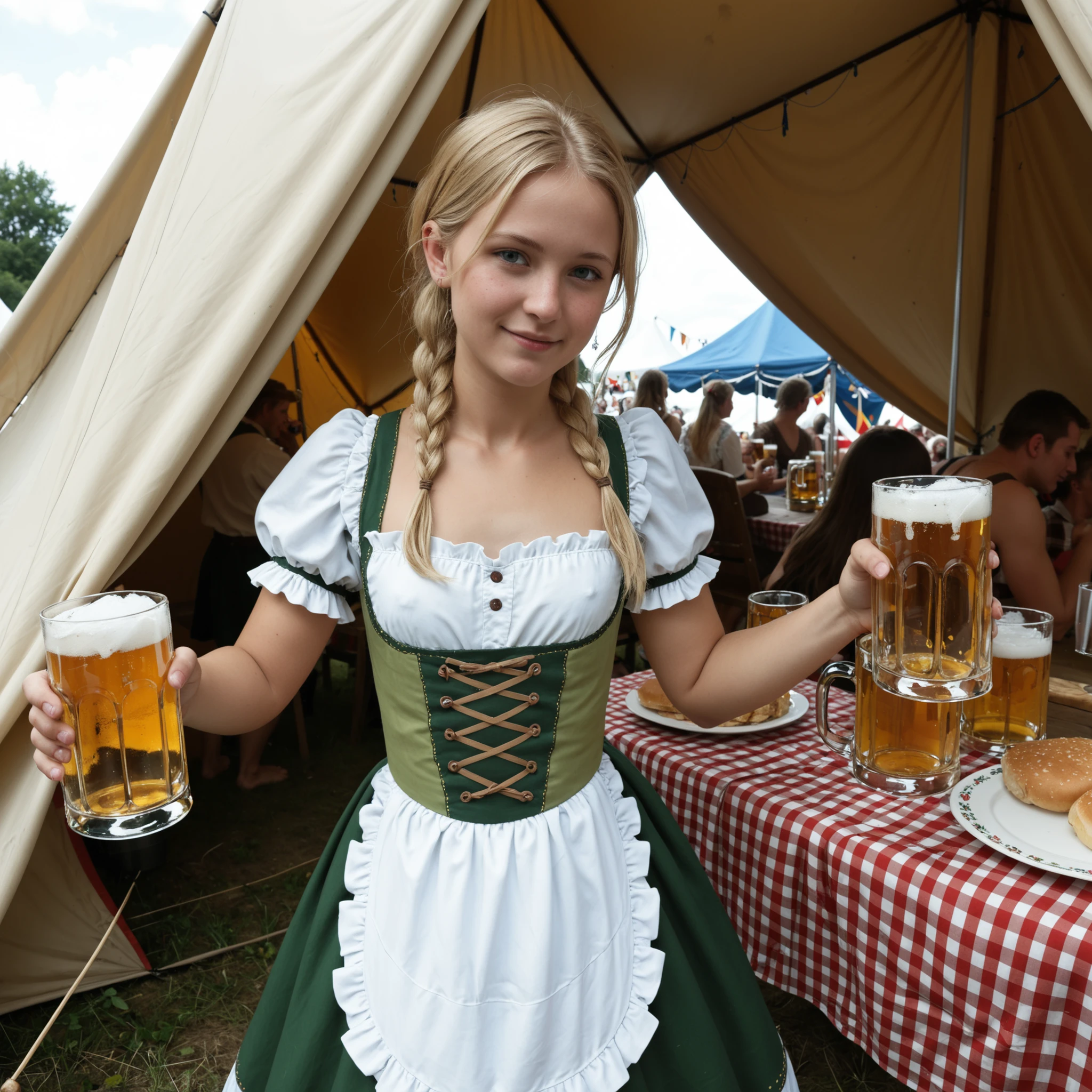 A flat-chested blonde in a dirndl dress with a beer glass in her hand in a festival tent at the Oktoberfest in Munich.