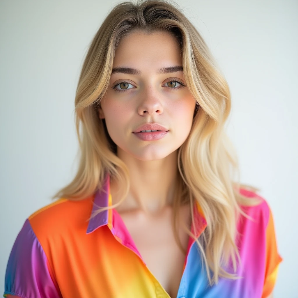 Mulher bonita 20 anos, cabelo castanho ondulados, wearing a beautiful intricate bold and colorful geometric suit, Atmosfera colorida, Photo Studio, artistic,