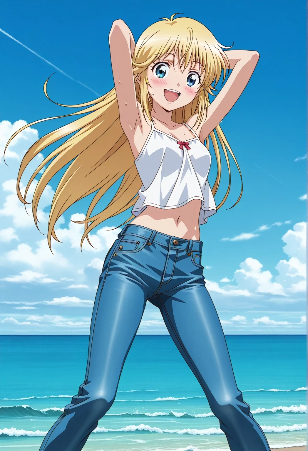 score_9, score_8_up, score_7_up, source_anime, highres, hi res, ((best quality, top quality, perfect quality, Highest Quality, amazing quality)), {{masterpiece}}, {{an extremely delicate and beautiful}}, 2d, intricate details, official style, anime, 8k, anime style, official_anime, official art, digital painting, cell shading, soft shading, high resolution, soothing tones, Subdued Color, Soft cinematic light, adobe lightroom, photolab, HDR, intricately and hyper-detailed, ((high quality animation)), 1 girl, Alone, solo, ((ocean)), tsunami, on the water, day, sunny, outdoors, sky, windy, Cleao Everlasting, blue eyes, blonde hair, long hair, anime screencap, small breasts, white camisole top, crop top, white crop top, best quality, hyper-detailed jeans, ((blue jeans:1.9)), (dark blue jeans:0.6), full medium body, medium shot, Open mouth, smiling, happy face, blush, sweat, standing, ((arms behind head:6.0)), bowlegged, sliding pose, action, looking at viewer, spread legs, Bend knees slightly, straight-on front view