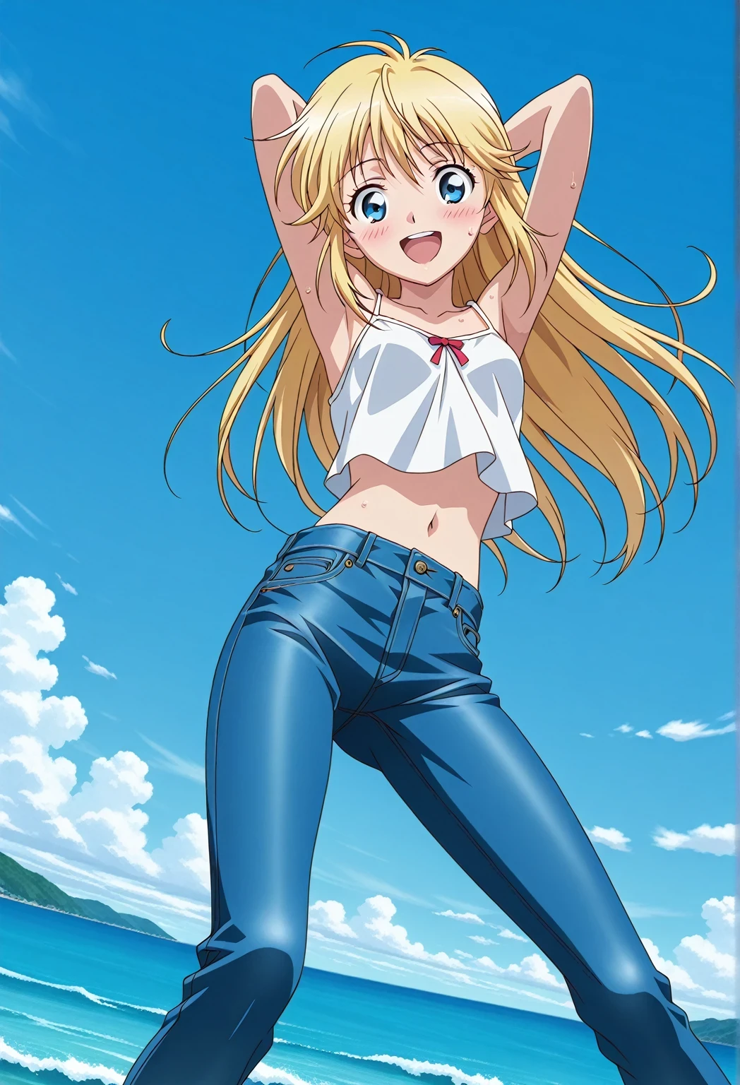 score_9, score_8_up, score_7_up, source_anime, highres, hi res, ((best quality, top quality, perfect quality, Highest Quality, amazing quality)), {{masterpiece}}, {{an extremely delicate and beautiful}}, 2d, intricate details, official style, anime, 8k, anime style, official_anime, official art, digital painting, cell shading, soft shading, high resolution, soothing tones, Subdued Color, Soft cinematic light, adobe lightroom, photolab, HDR, intricately and hyper-detailed, ((high quality animation)), 1 girl, Alone, solo, ((ocean)), tsunami, on the water, day, sunny, outdoors, sky, windy, Cleao Everlasting, blue eyes, blonde hair, long hair, anime screencap, small breasts, white camisole top, crop top, white crop top, best quality, hyper-detailed jeans, ((blue jeans:1.9)), (dark blue jeans:0.6), full medium body, medium shot, Open mouth, smiling, happy face, blush, sweat, standing, ((arms behind head:6.0)), bowlegged, jumping pose, action, looking at viewer, spread legs, Bend knees slightly, straight-on front view