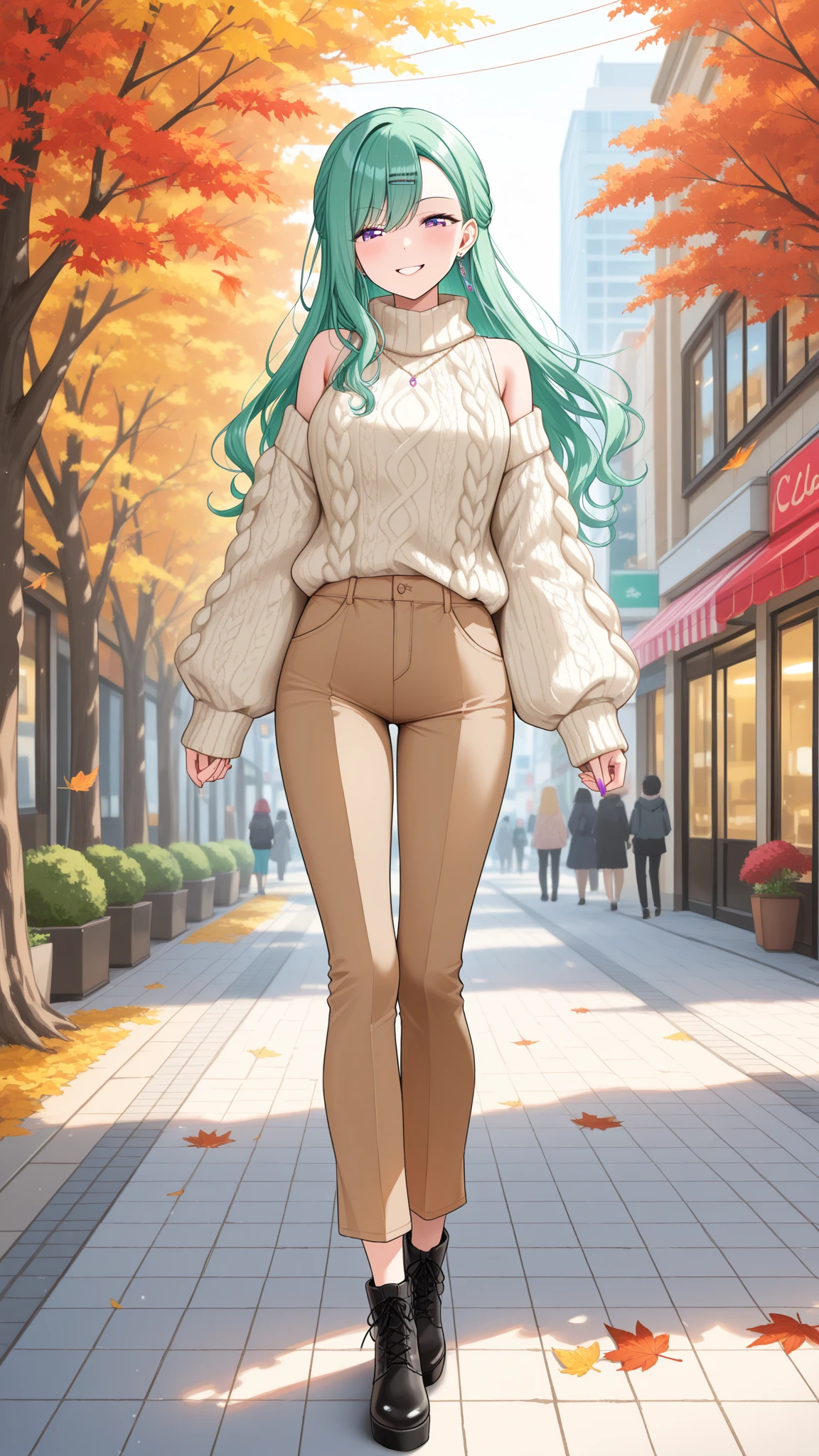 High resolution, high resolution,2D Anime Style,,Cool woman,Mature look,,Late 20s,Beautiful long green hair,Purple Eyes,Beautiful watch,Beautiful earrings,Beautiful necklace,Street fashion,White oversized hoodie,black long wide pants,Platform sneakers,He is smiling a little,In the Studio,I'm playing the guitar,