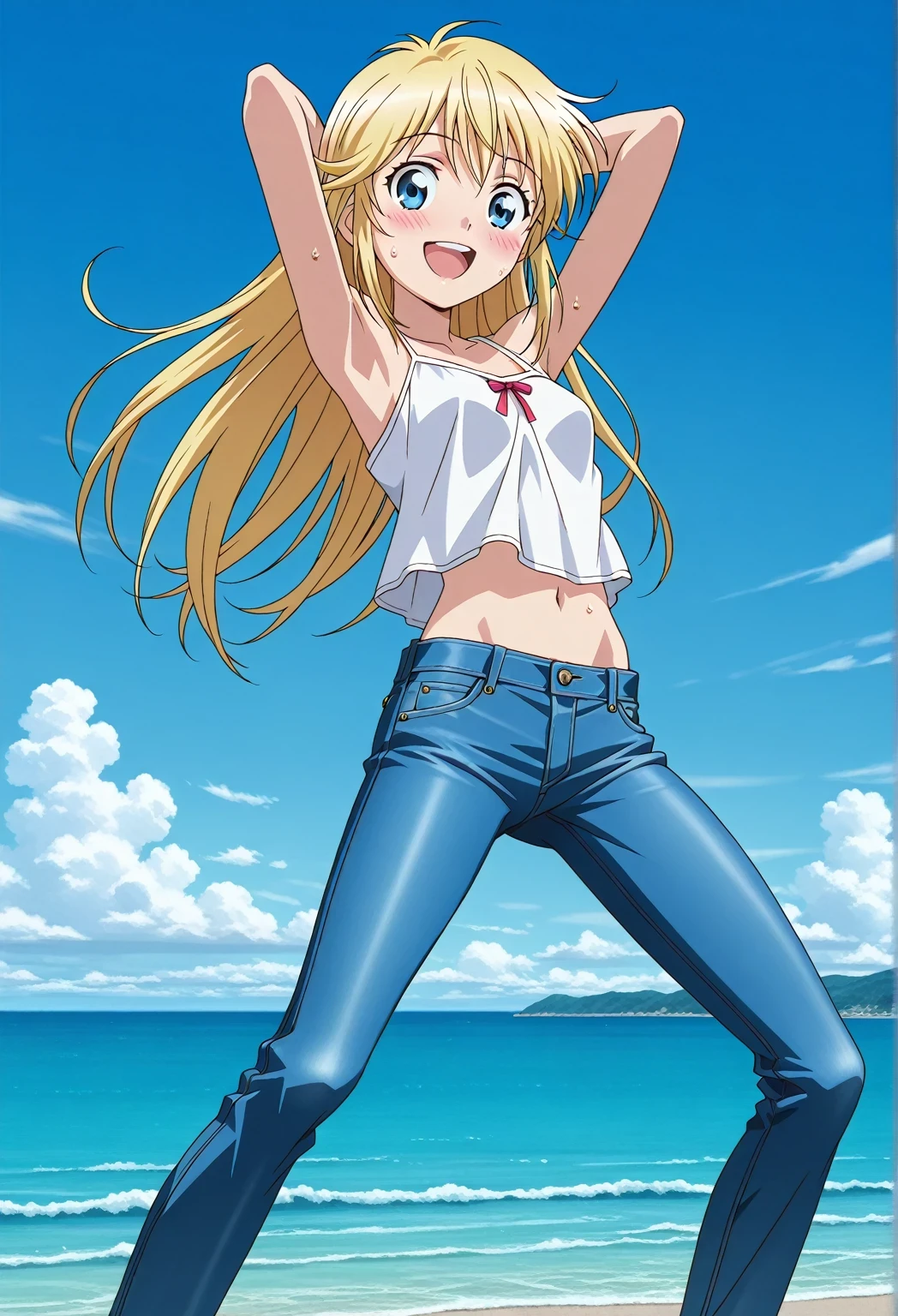 score_9, score_8_up, score_7_up, source_anime, highres, hi res, ((best quality, top quality, perfect quality, Highest Quality, amazing quality)), {{masterpiece}}, {{an extremely delicate and beautiful}}, 2d, intricate details, official style, anime, 8k, anime style, official_anime, official art, digital painting, cell shading, soft shading, high resolution, soothing tones, Subdued Color, Soft cinematic light, adobe lightroom, photolab, HDR, intricately and hyper-detailed, ((high quality animation)), 1 girl, Alone, solo, ((ocean)), tsunami, on the water, day, sunny, outdoors, sky, windy, Cleao Everlasting, blue eyes, blonde hair, long hair, anime screencap, small breasts, white camisole top, crop top, white crop top, best quality, hyper-detailed jeans, ((blue jeans:1.9)), (dark blue jeans:0.6), full medium body, medium shot, Open mouth, smiling, happy face, blush, sweat, standing, ((arms behind head:6.0)), bowlegged, jumping pose, action, looking at viewer, spread legs, Bend knees slightly, straight-on front view