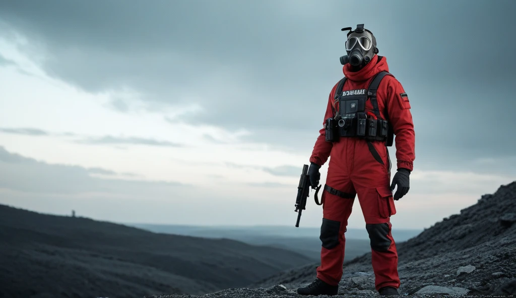 Soldiers in a dark red military uniform in a futuristic helmet near a military post in the middle of the steppe with some pine trees and a little drought, dark atmosphere