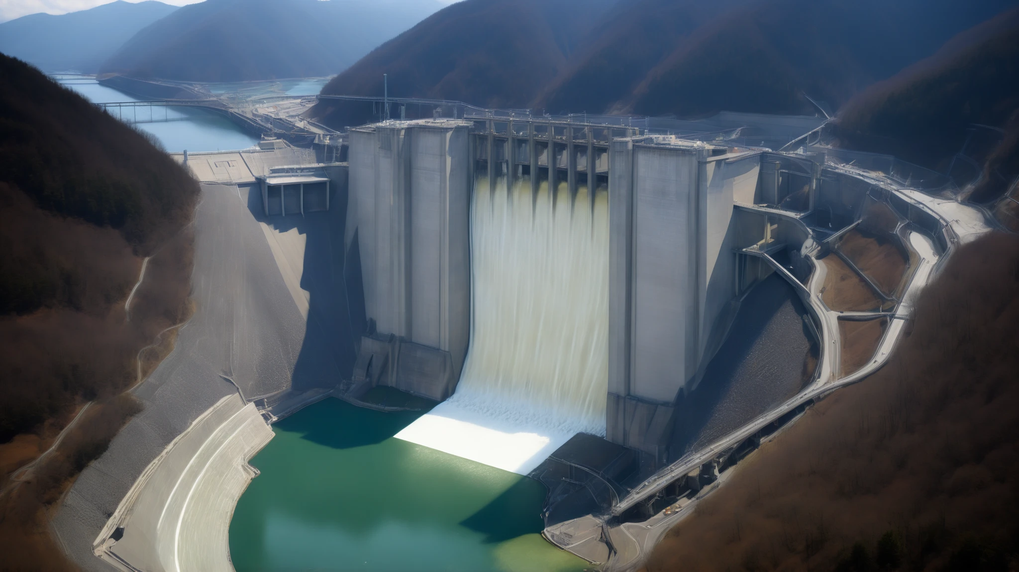 8k,Ultra Hi-Res:high resolution images、(realistic expression:1.5),Toyama Prefecture、(the huge Kurobe dam that was completed:1.5)、(The elegance and treatment of Kurobe Dam:1.5),(The huge Kurobe Arch Dam that was completed:1.5),(It flows like fog from the 186-meter-high gravity arch dam:1.5),(The majestic atmosphere of the supermassive structure:1.5),(Image taken from above:1.5),(There is a tooth hydroelectric power plant at the bottom of the dam:1.5),I dammed the Kurobe River、The dam lake's water storage capacity is now full,(The exterior of the majestic dam:1.5)、(Mega Structure:1.5),(The center of the dam２point:1.5),(The huge arch that was completed Kurobe dam:1.5),(The huge Kurobe Arch Dam that was completed:1.5),