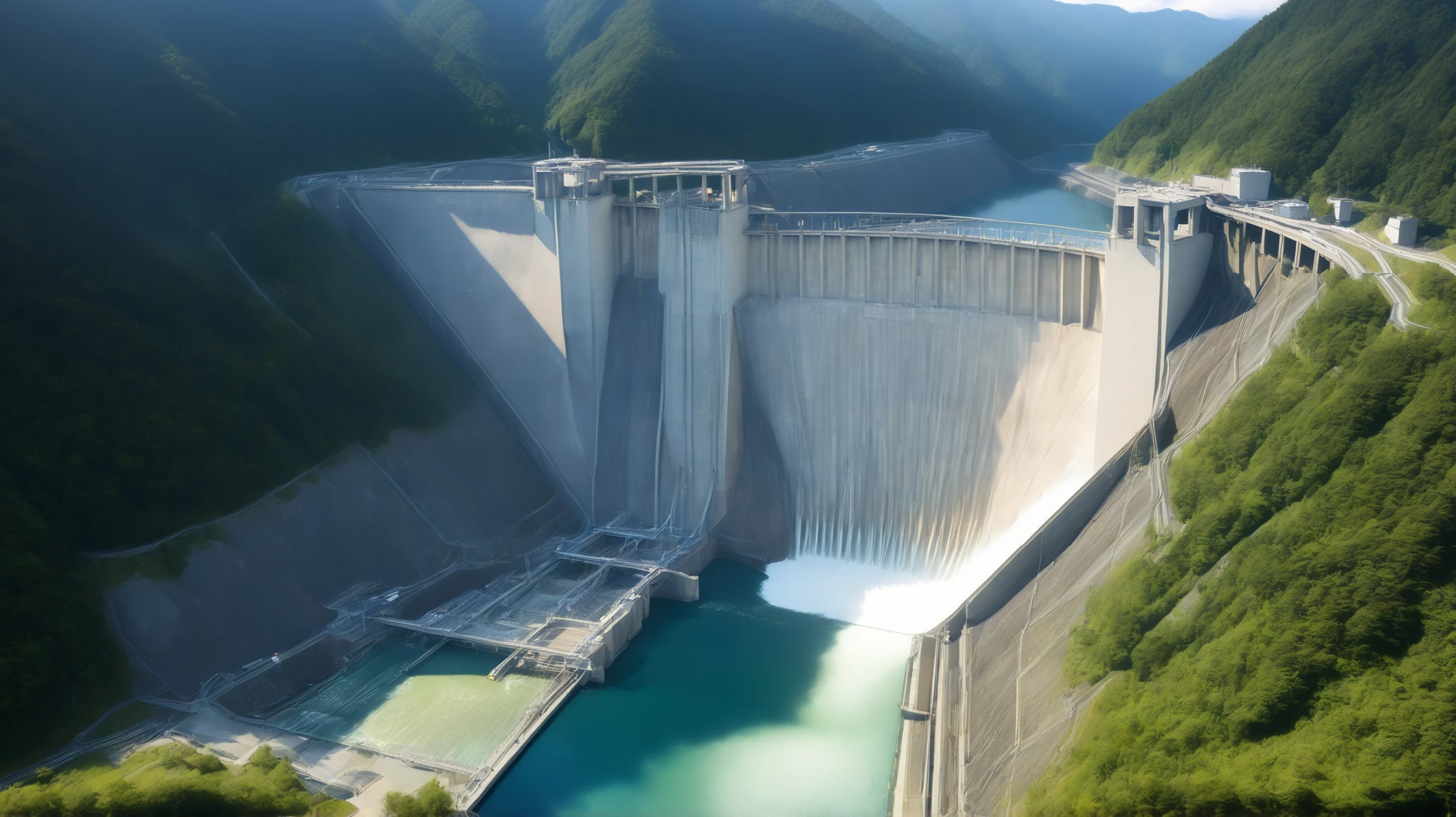 8k,Ultra Hi-Res:high resolution images、(realistic expression:1.5),Toyama Prefecture、(the huge Kurobe dam that was completed:1.5)、(The elegance and treatment of Kurobe Dam:1.5),(The huge Kurobe Arch Dam that was completed:1.5),(It flows like fog from the 186-meter-high gravity arch dam:1.5),(The majestic atmosphere of the supermassive structure:1.5),(Image taken from above:1.5),(There is a tooth hydroelectric power plant at the bottom of the dam:1.5),I dammed the Kurobe River、The dam lake's water storage capacity is now full,(The exterior of the majestic dam:1.5)、(Mega Structure:1.5),(The center of the dam2point:1.5),(The huge arch that was completed Kurobe dam:1.5),(The huge Kurobe Arch Dam that was completed:1.5),