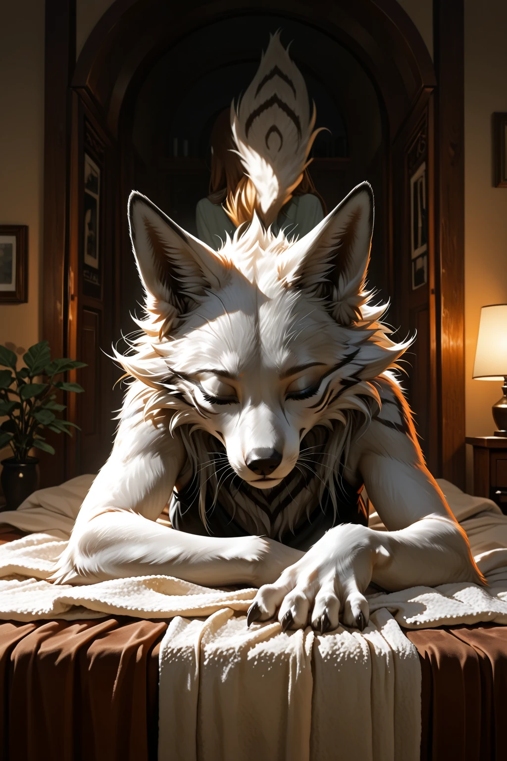 solo, male, anthro, (coyote), by seyorrol, digitigrade, digital artwork, (flat colors:1.2), ((detailed background)), (perfect hands), intricate detailed background, powerful silhouette, mysterious shadows, realistic shading, (epic, masterpiece, high quality, 8k, ultra HD, absurd res, top quality, best quality, max quality, masterpiece), (), ((sexy, ((feminine body)))), laying on side, sleeping, (tail:1.2), dusk,