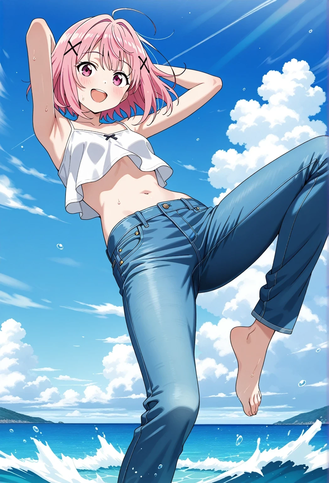 score_9, score_8_up, score_7_up, source_anime, highres, hi res, ((best quality, top quality, perfect quality, Highest Quality, amazing quality)), {{masterpiece}}, {{an extremely delicate and beautiful}}, 2d, intricate details, official style, anime, 8k, anime style, official_anime, official art, digital painting, cell shading, soft shading, high resolution, soothing tones, Subdued Color, Soft cinematic light, adobe lightroom, photolab, HDR, intricately and hyper-detailed, ((high quality animation)), 1 girl, Alone, solo, ((ocean)), tsunami, on the water, day, sunny, outdoors, sky, windy, amaori renako, pink hair, short hair, double-parted bangs, pink eyes, x hair ornament, anime screencap, small breasts, white camisole top, crop top, white crop top, best quality, hyper-detailed jeans, ((blue jeans:1.9)), (dark blue jeans:0.6), full medium body, medium shot, Open mouth, smiling, happy face, blush, sweat, standing, ((arms behind head:6.0)), bowlegged, jumping pose, action, looking at viewer, spread legs, Bend knees slightly, straight-on front view