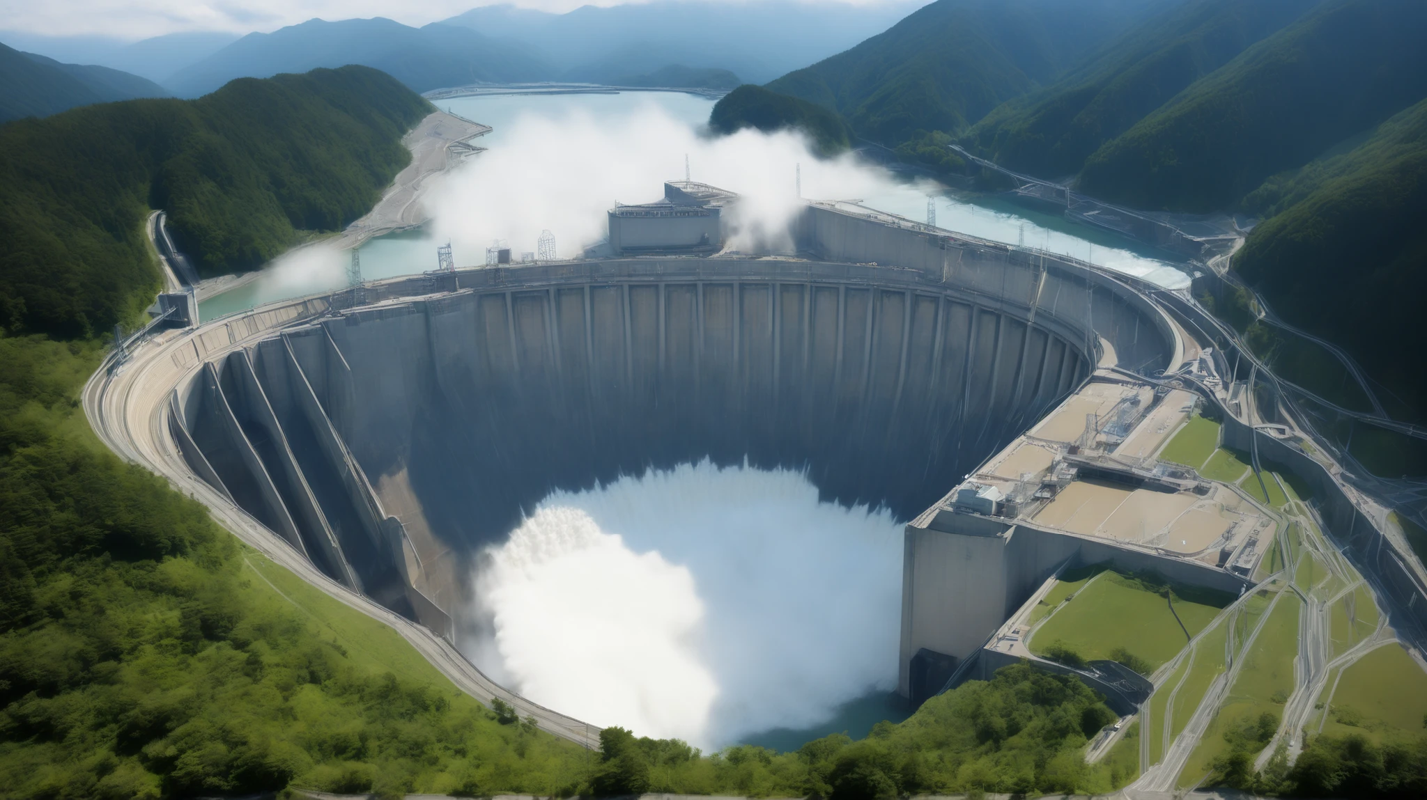 8k,Ultra Hi-Res:high resolution images、(realistic expression:1.5),Toyama Prefecture、(the huge Kurobe dam that was completed:1.5)、(The elegance and treatment of Kurobe Dam:1.5),(The huge Kurobe Arch Dam that was completed:1.5),(It flows like fog from the 186-meter-high gravity arch dam:1.5),(The majestic atmosphere of the supermassive structure:1.5),(Image taken from above:1.5),(There is a tooth hydroelectric power plant at the bottom of the dam:1.5),I dammed the Kurobe River、The dam lake's water storage capacity is now full,(The exterior of the majestic dam:1.5)、(Mega Structure:1.5),(The center of the dam２point:1.5),(The huge arch that was completed Kurobe dam:1.5),(The huge Kurobe Arch Dam that was completed:1.5),