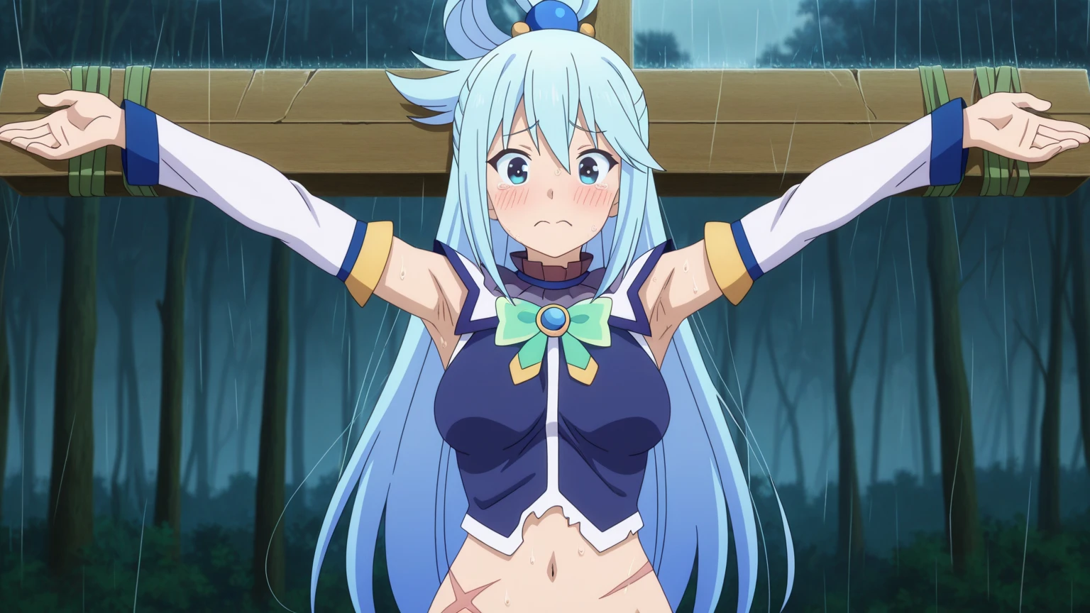 score_9, score_8_up, score_7_up, score_6_up, source_anime,
1girl, solo,aqua \(konosuba\),  nude, tied up, medium breasts, angry,  hanging breasts, pubic hair, excessive pubic hair, armpit hair <lora:Expressive_H:0.2> <lora:avatar state:0.75> sagging breasts, (glowing eyes),  tree, forest, tied up, sitting, tape gag,