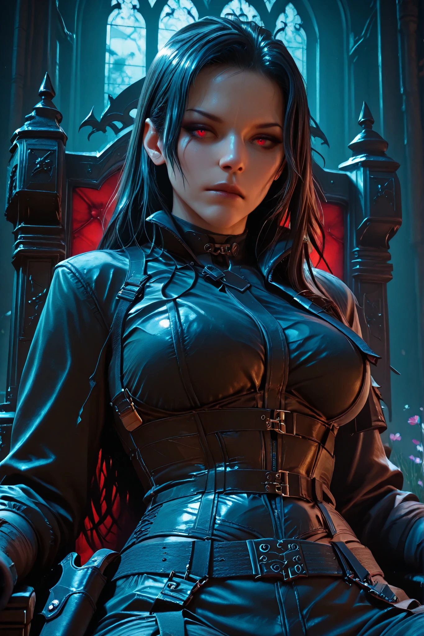 UHD, masterpiece, anatomically correct, super detail, best quality, high-res, 16k, solo, 1girl, Long straight jet black hair, red eyes, neutral face, makeup, Captain jacket, corset, belts, push up breasts corset, pistol holsters, medium breasts, slender body, small hips, sitting, rogue trader large throne, basic instinct pose, gothic throne r00m, large window background, cosmos 