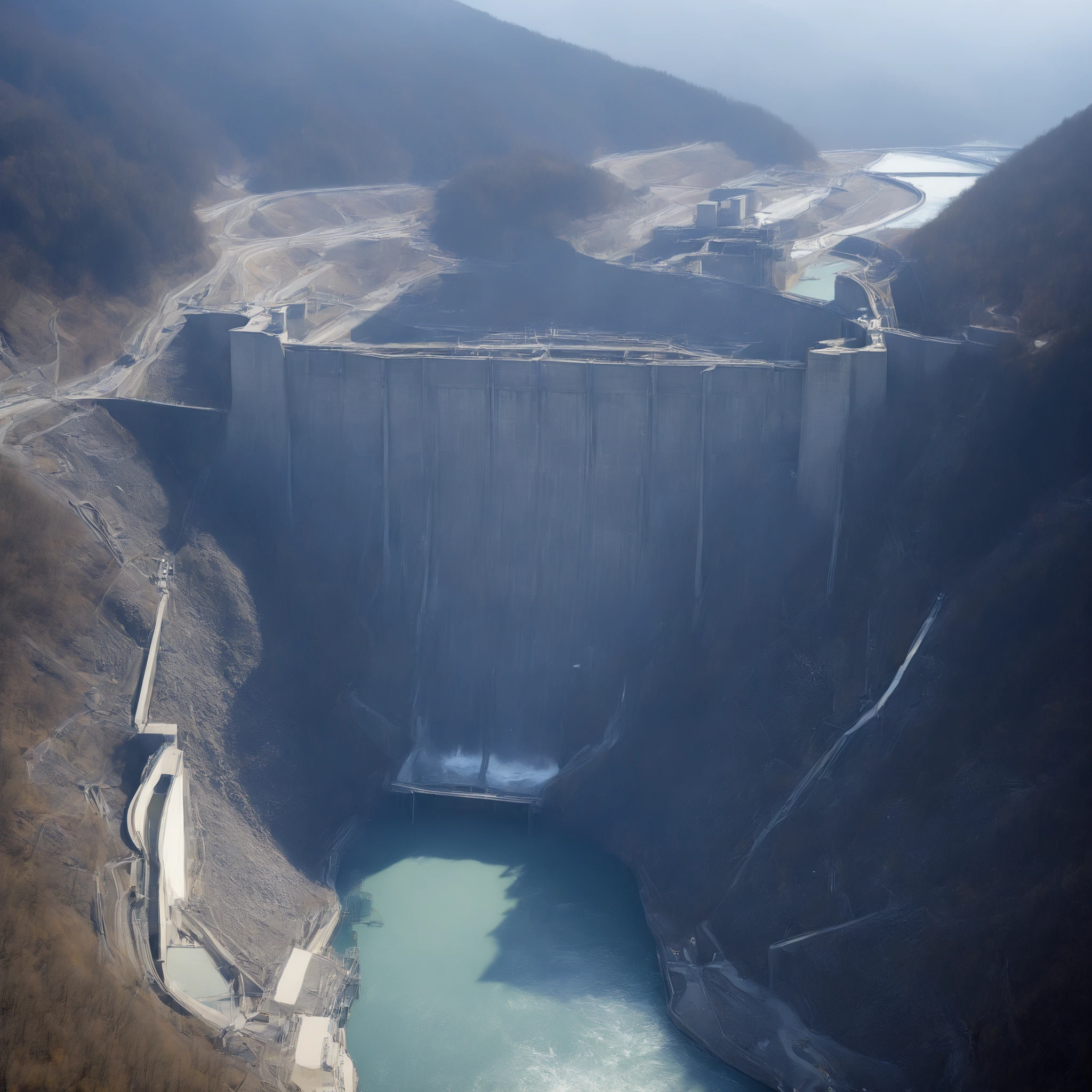 8k,Ultra Hi-Res:high resolution images、(realistic expression:1.5),Toyama Prefecture、(the huge Kurobe dam that was completed:1.5)、(The elegance and treatment of Kurobe Dam:1.5),(The huge Kurobe Arch Dam that was completed:1.5),(It flows like fog from the 186-meter-high gravity arch dam:1.5),(The majestic atmosphere of the supermassive structure:1.5),(Image taken from above:1.5),(There is a tooth hydroelectric power plant at the bottom of the dam:1.5),I dammed the Kurobe River、The dam lake's water storage capacity is now full,(The exterior of the majestic dam:1.5)、(Mega Structure:1.5),(The center of the dam２point:1.5),(The huge arch that was completed Kurobe dam:1.5),(The huge Kurobe Arch Dam that was completed:1.5),