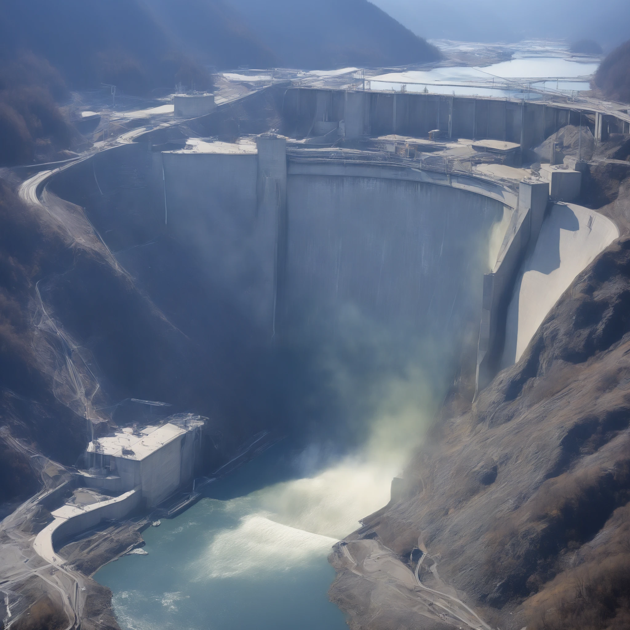8k,Ultra Hi-Res:high resolution images、(realistic expression:1.5),Toyama Prefecture、(the huge Kurobe dam that was completed:1.5)、(The elegance and treatment of Kurobe Dam:1.5),(The huge Kurobe Arch Dam that was completed:1.5),(It flows like fog from the 186-meter-high gravity arch dam:1.5),(The majestic atmosphere of the supermassive structure:1.5),(Image taken from above:1.5),(There is a tooth hydroelectric power plant at the bottom of the dam:1.5),I dammed the Kurobe River、The dam lake's water storage capacity is now full,(The exterior of the majestic dam:1.5)、(Mega Structure:1.5),(The center of the dam2point:1.5),(The huge arch that was completed Kurobe dam:1.5),(The huge Kurobe Arch Dam that was completed:1.5),
