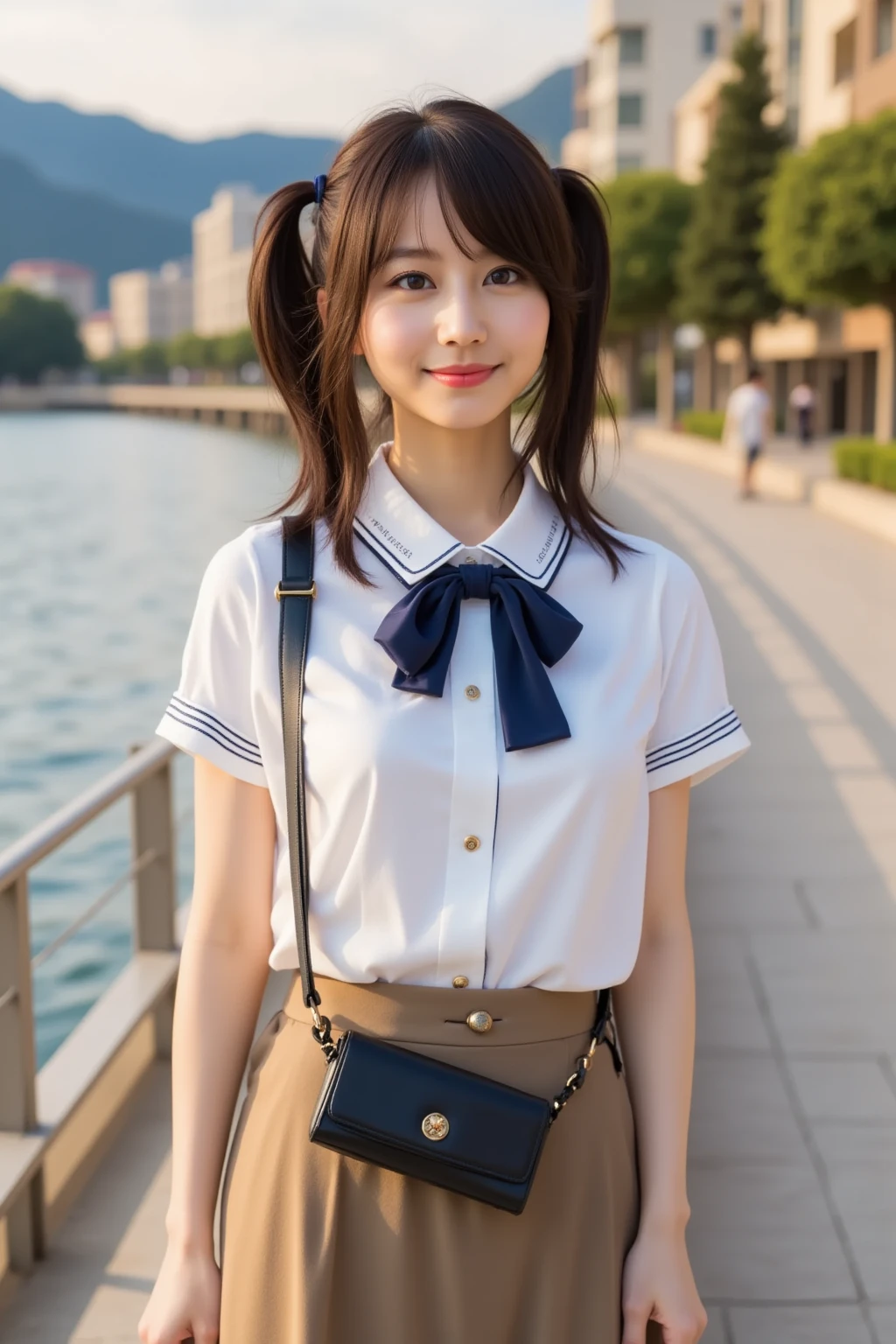 (8k,Highest quality,masterpiece: 1.2),(Realistic, Realistic: 1.37),Very detailed,One person,beauty,cute,Baby Face,smile, One personで,(Nose redness),(smile: 1.15),Beautiful Eyes,Big eyes,Brown eyes,(Brown Long Bob Hair: 1.5),bangs,Floating Hair NovaFrog Style,whole body,(:1.3),(((cute Japan Beautiful Girl))),(Beautiful attention to detail),(Highest quality),(Very detailedな),(masterpiece),(school uniform:1.4),(Ultra-short micro-pleated :1.4),(Body like a model),(Long legs)
