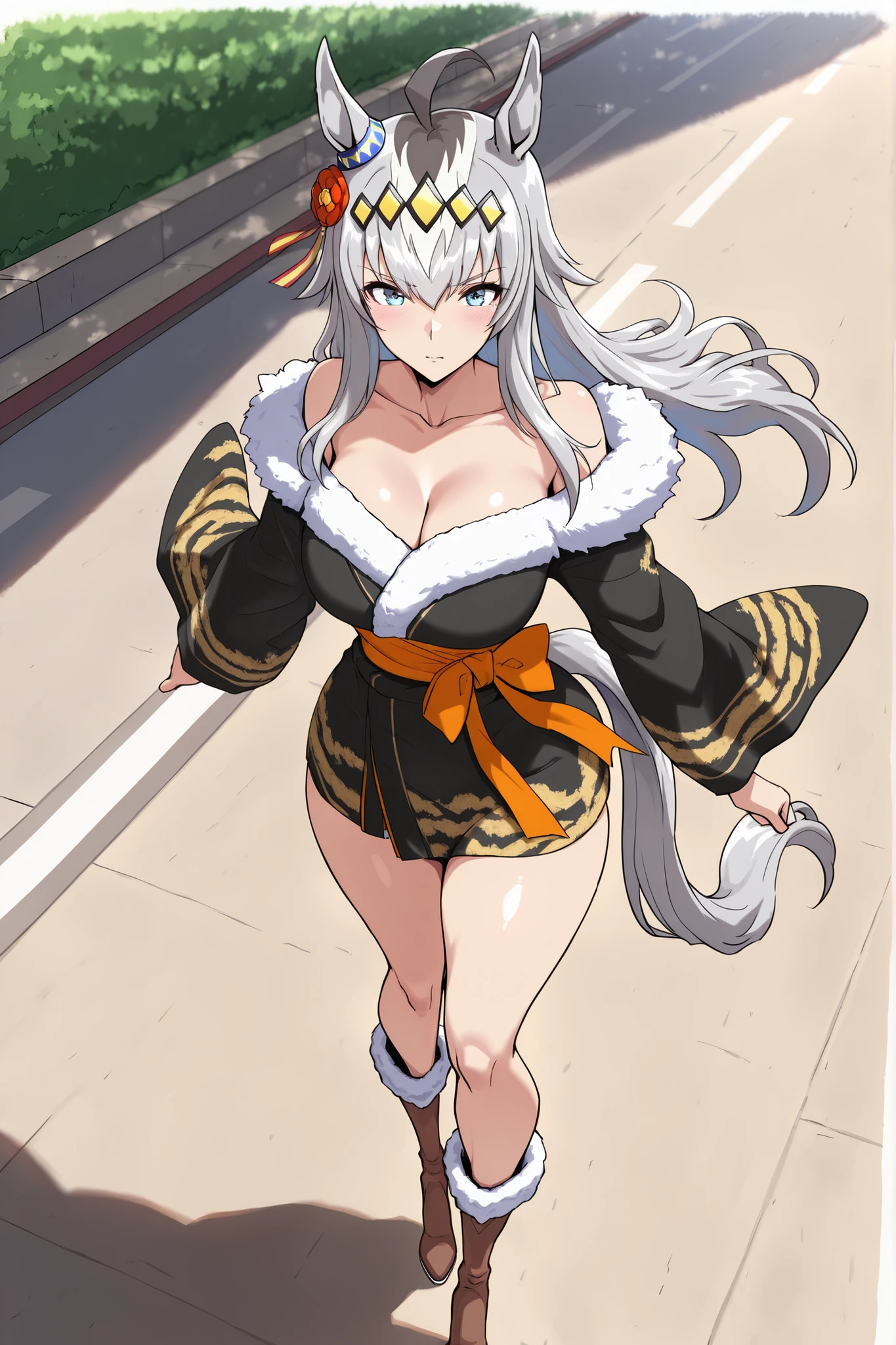 (masterpiece, Highest Quality, perfect face:1.4), Wide angle, Oguri, long hair, horse ears, grey hair, ahoge, horse tail, blue eyes,multicolored hair, ogli cap \(Uma Musume\),Running figure, 1 girl, blue eyes, multi colored hair, long hair, Gray Hair, stupid hair, hair accessories, horse ears, horse tail, waist tail, Proportion body, Proportion, beautiful hair, beautiful face, beautiful detailed eyes, beautiful collarbone, beautiful body, beautiful breasts, Beautiful Thighs, beautiful leg, beautiful fingers, in their 40s, fur trim Japanese clothes boots with heels, in urban streets, while entering the park、put hands on lower back、Textured Skin, high definition, Good move,cutie