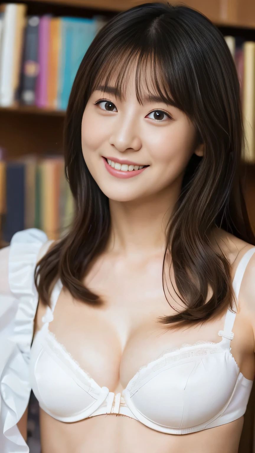 an unrivaled masterpiece, Highest Quality,perfect face、high image quality, (Duo、 、beautiful sisters, delicate:1.3), ( :1.3), Amazing clarity , ({{X}}:1.3), (child、baby-like face、teacher、gentle expression、Very Big Breasts、), ( wear a white ruffle bra、Striped Underwear:1.3), brown eyes, bang ,,( indoor、 Libraries , wait.、eye and face details:1.4) actual images 、gentle and charming smile、full body image in underwear、from head to thigh、