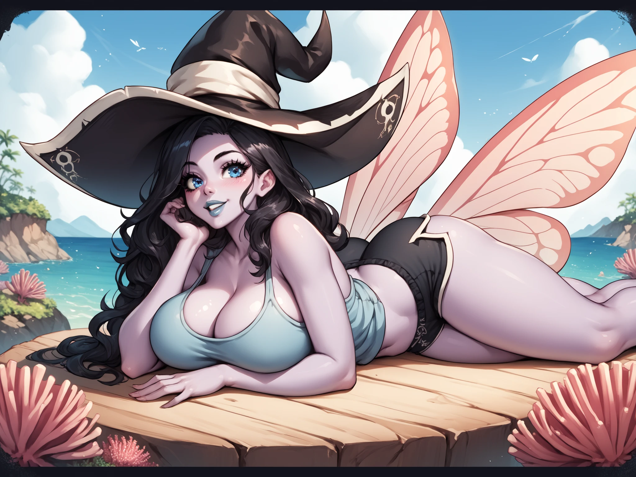 score_9, score_8_up, score_7_up, score_6_up, score_5_up, score_4_up, (source_anime),  1girl, big breasts, beautiful face, Black hair, Purple skin, woman, blue eyes, loose baggy tank top, Moth wings, Wide hips, coral, Bubble butt, laying side, rapscallion style, happy, witch hat, boxers, pirate, blue lips