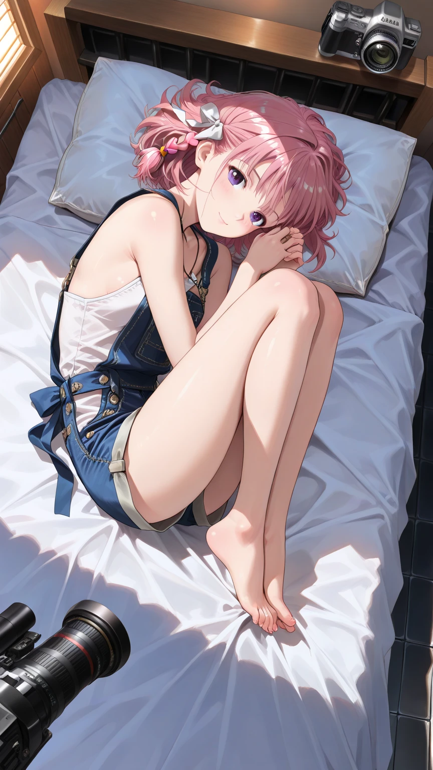 (((Pixel Perfect, Perfect detail))), alone, 1 girl, chisato nishikigi, from above, Shut your mouth, lying on the bed, full Body, indoor