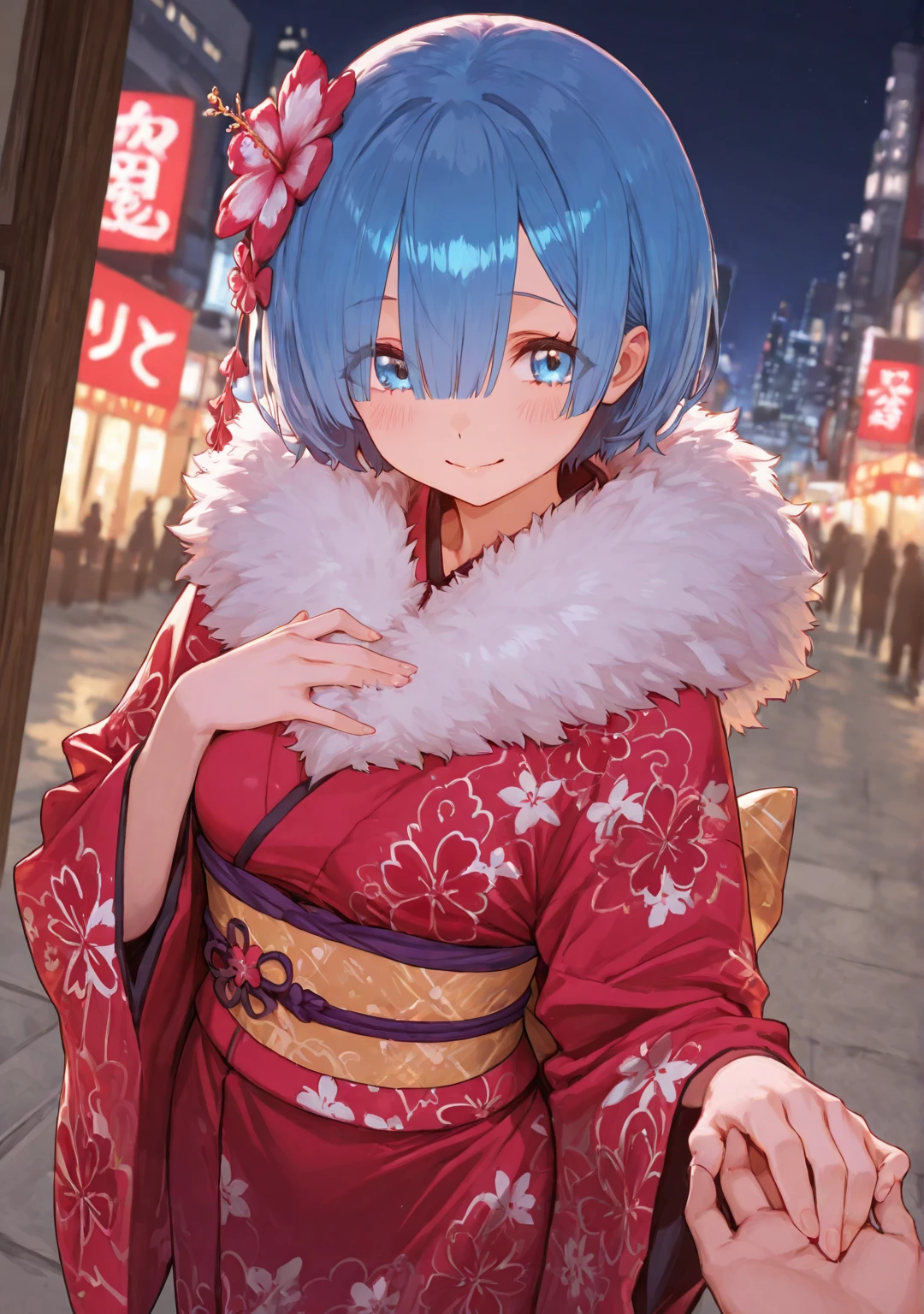 Girl wearing a collar ,Long-sleeved kimono,Dynamic Angles,A troubled smile,Embarrassed expression,Red cheeks,Blue Hair,Pink eyes,Canine,Sticking out tongue 