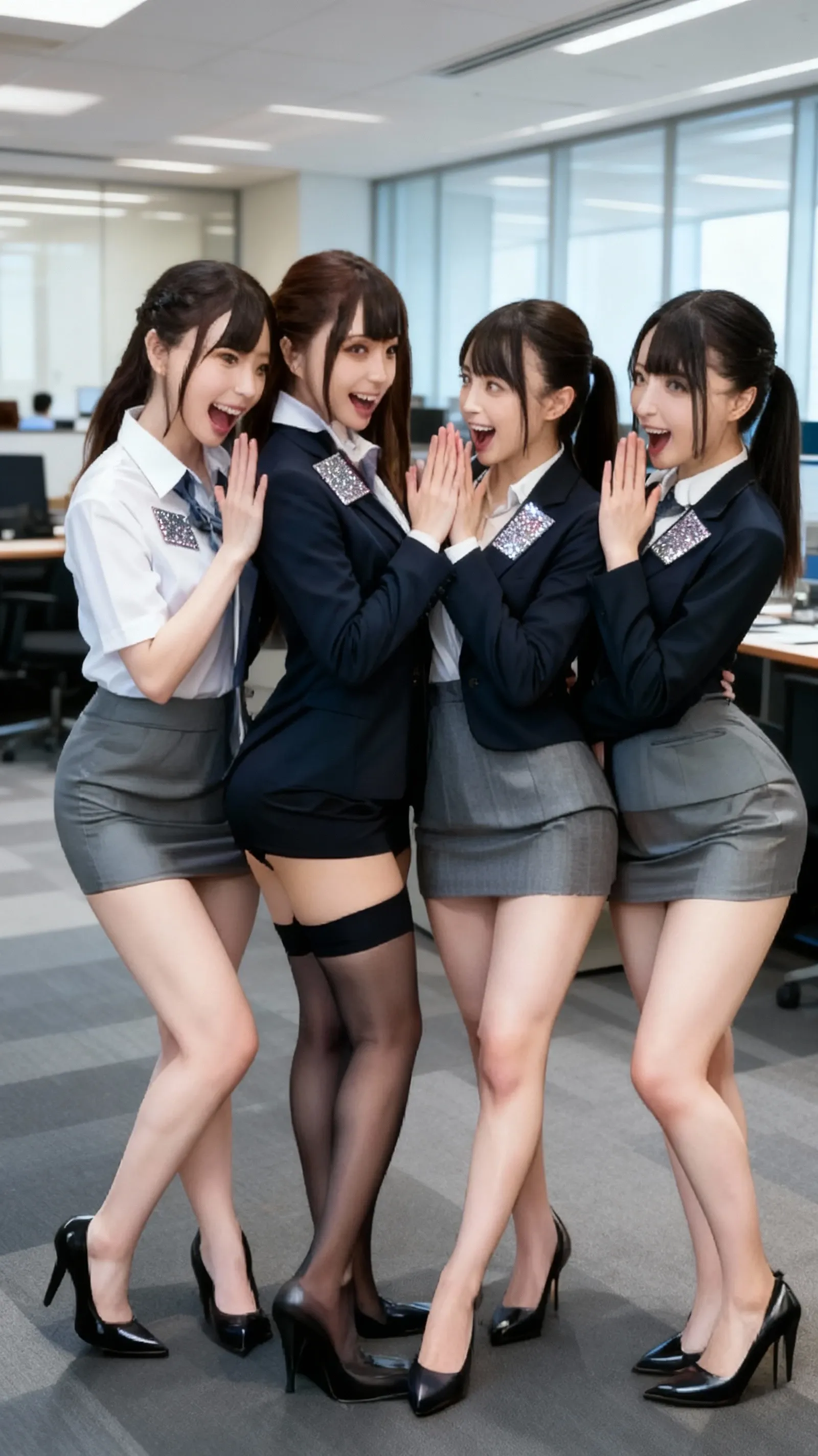 3+girl,Japanese model girl, short hair, bangs,(dark tanned skin:1.1),cute girl, small ???????, (skinny), (small ????????(small:1.9)), thin thighs(thin:1.9)), thin legs(thin:1.9)), (?????), ((pubic hair:1.3)), (talking to the viewer), 
BREAK
(fun photo published in the company newsletter:1.3),
(elegant part-time job lady:1.3), (having business meeting:1.4), 
(?????:1.5), (perfect ???????), 
(in office, luxury office furniture, monitor, (crowd of women at work:1.25):1.2),
BREAK
(fun feeling, happy feeling:1.5),
natural pose, natural angle,
(happily working in the office:1.5),
(lively smile:1.7),
BREAK
(absurdres:1.3),(ultra detailed photograph:1.5),(detailed face and skin:1.3),(ultra high res:1.5),(photorealistic:1.5),hyperrealistic photography,best quality,symmetric clear eyes,well-groomed face,(ray tracing:1.3),(natural smooth moist facial skin texture:1.1)Japanese girls, small face, large dropping eyes, BREAK (fun photo published in the company newsletter:1.3), (pretty very young part-time job girl:1.3),(?????:1.5), (high heel shoes), (skinny), (flat ?????(flat:1.5)), ((?????)), ((pubic hair:1.3)), (in office, luxury office furniture, monitor, office chair, (crowd of ????? women at work:1.25):1.2), BREAK (fun feeling, happy feeling:1.2), dynamic pose,dynamic angle, (happily working in the office:1.2), (lively smile:1.3), BREAK (sharp pan-focus:1.5), (absurdres:1.3),(ultra detailed photograph:1.5),(detailed face and skin:1.3),(ultra high res:1.5),(photorealistic:1.5),hyperrealistic photography,best quality,symmetric clear eyes,well-groomed face,(ray tracing:1.3),(natural smooth moist facial skin texture:1.1)

