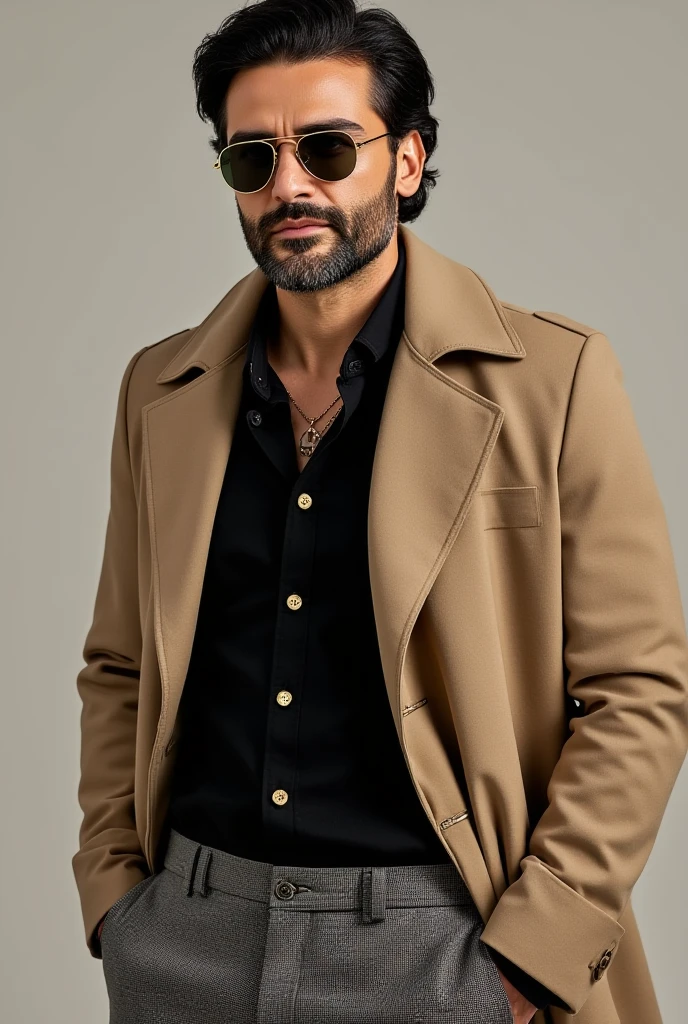 Obra maestra, desenfoque de campo, Parte superior del cuerpo, hands in pants pockets , 38 year old man with beard and square sunglasses. Man wearing a checkered shirt in an action movie with long guns, con cielo rojo de fondo.