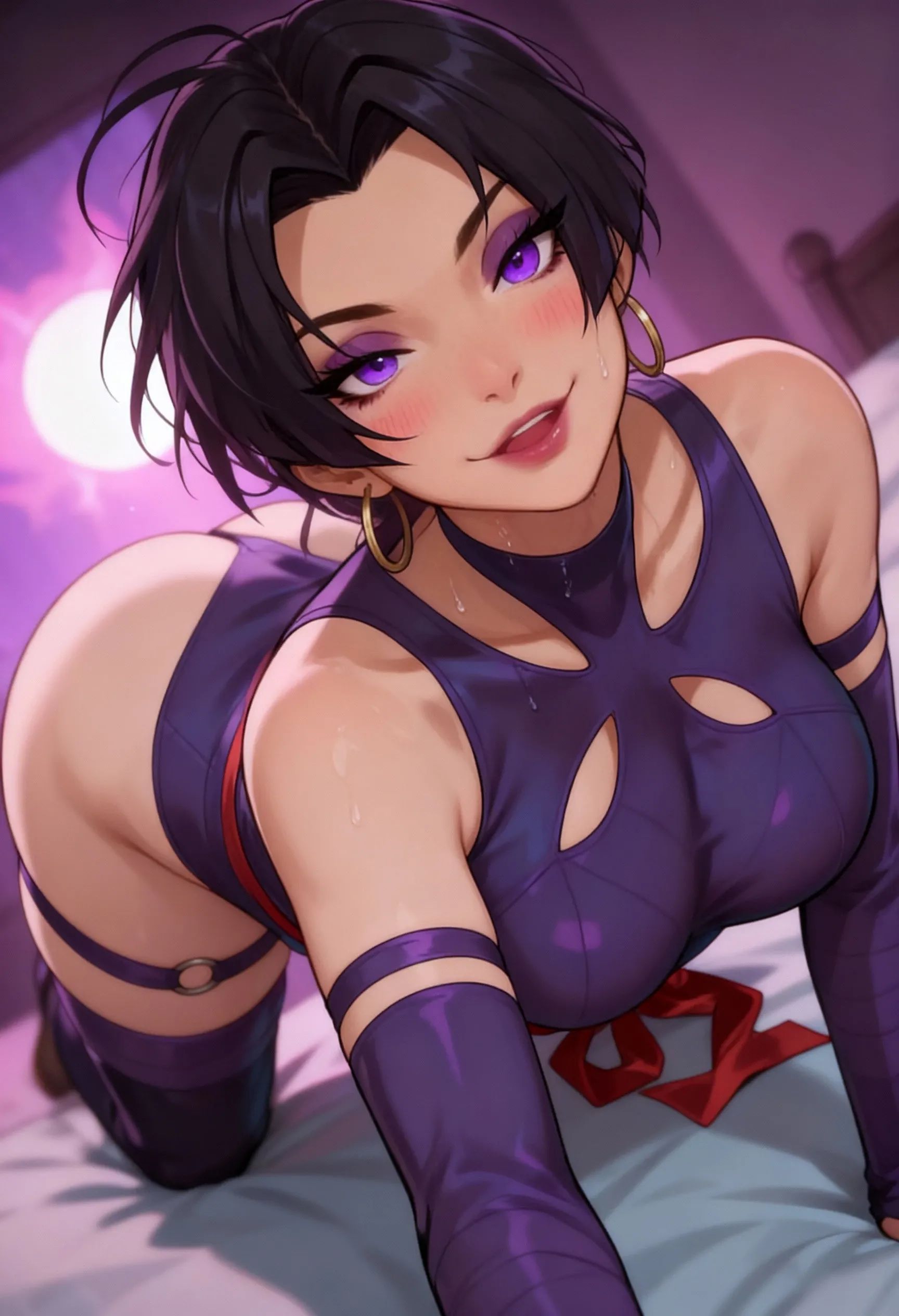 JURIMS, SFIV, Juri Han, detailed face and eyes, beautiful purple iris, hair horns, extremely delicate lips, barefoot,  body, ??????????????, purple eyes, long eyelashes, thick eyelashes, 8k uhd, HDR, extremely detailed CGunity 8k wallpaper, (8k), (4k),a close up of a woman in a transparent white lingerie sitting on a couch, Emphasis on the ??????, Squat with your ????????? open ,seductive anime girl, wet ?????, ???? smile, black girl