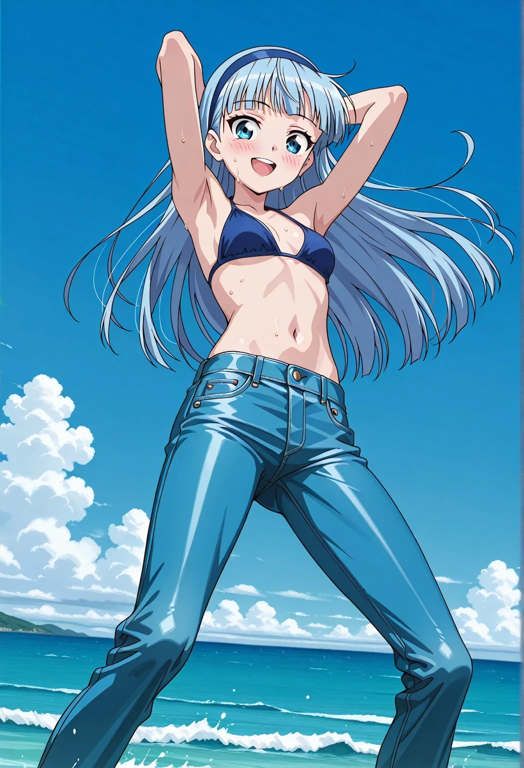 score_9, score_8_up, score_7_up, source_anime, highres, hi res, ((best quality, top quality, perfect quality, Highest Quality, amazing quality)), {{masterpiece}}, {{an extremely delicate and beautiful}}, 2d, intricate details, official style, anime, 8k, anime style, official_anime, official art, digital painting, cell shading, soft shading, high resolution, soothing tones, Subdued Color, Soft cinematic light, adobe lightroom, photolab, HDR, intricately and hyper-detailed, ((high quality animation)), 1 girl, Alone, solo, ((ocean)), tsunami, on the water, day, sunny, outdoors, sky, windy, AEUmiDef, blue eyes, blue hair, blunt bangs, long hair, blue hairband, anime screencap, small breasts, blue bikini top, best quality, hyper-detailed jeans, ((blue jeans:1.9)), (dark blue jeans:0.6), full medium body, medium shot, Open mouth, smiling, happy face, blush, sweat, standing, ((arms behind head:6.0)), bowlegged, jumping pose, action, looking at viewer, spread legs, Bend knees slightly, straight-on front view