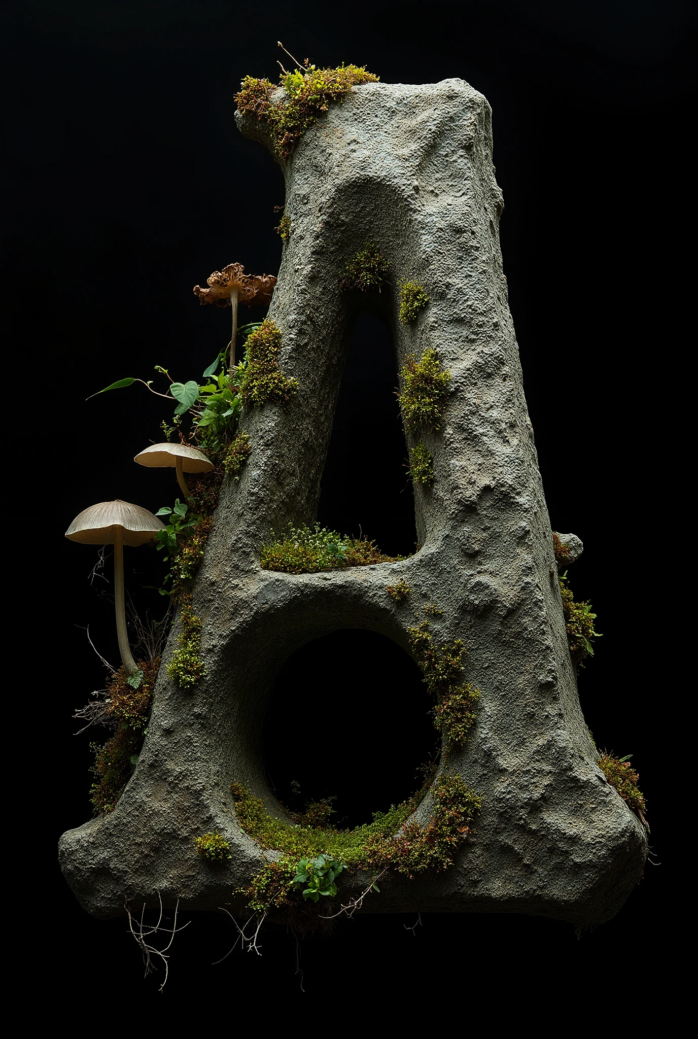 Letter A. A brutalist stone ring, its irregular
shaped, some corners are sharp, some are
round, bits of it are broken off, its overgrown
with moss, vines, mushrooms and flora. on a
black background --v 6.1 --stylize 150 --profile
k52]r7g