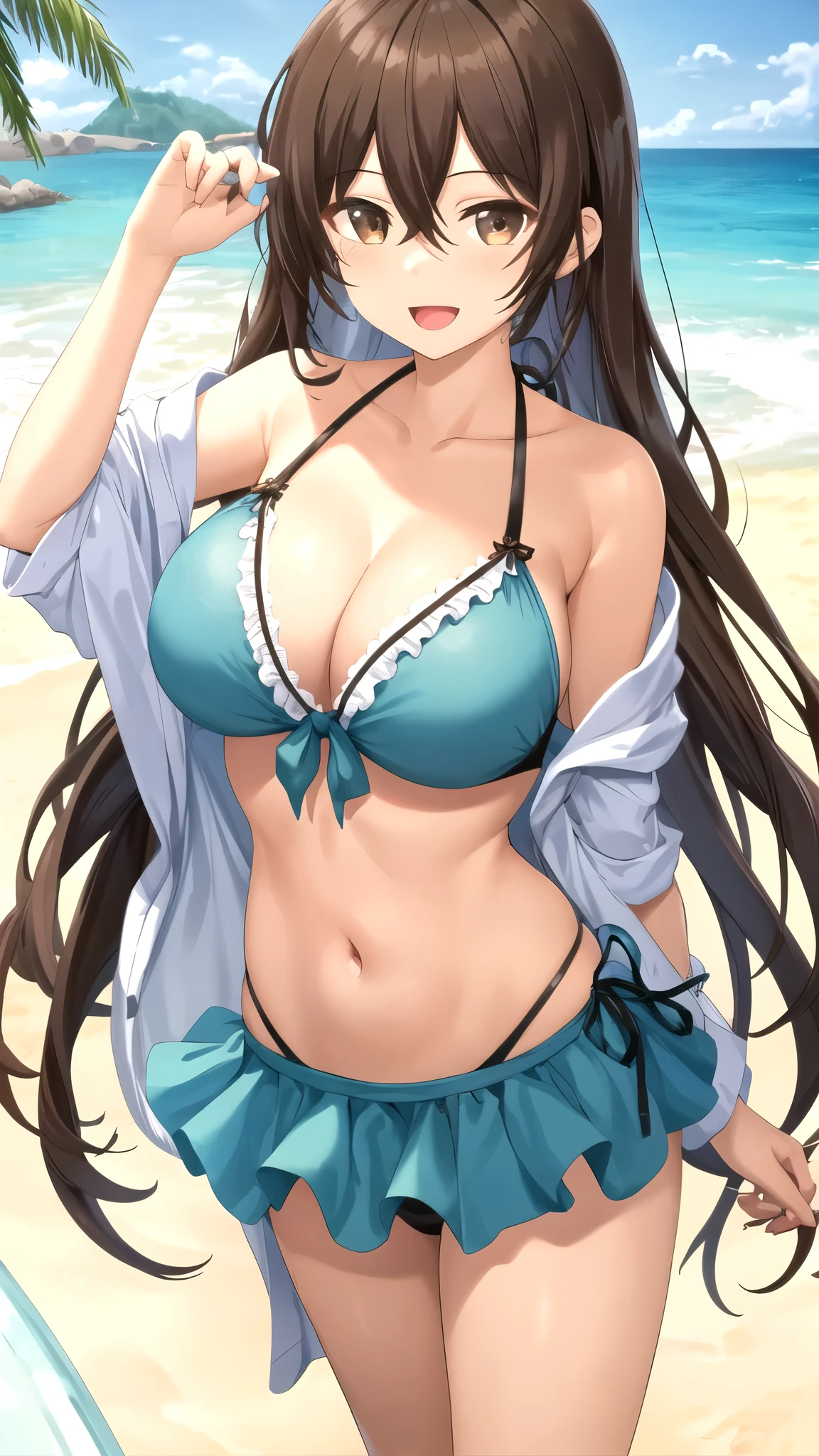 1 girl, anime-like, Bethel, blue eyes, moist eyes, chubby, big plump , long hair, brown hair, hair over one eye, bangs, one ear showing, large shirt, solo, shirtless Unbuttoned, cleavage, beautiful hands, flawless hands, white shirt, leaning forward, straight ahead, emphasizing the  with arms, smiling, (masterpiece), (highest quality), (super detailed), real background, golf, , Attractive sportswear, outdoor