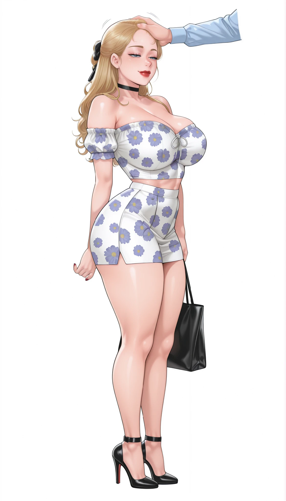 Yumi (New Town), a beautiful extremely sexy woman with long soft-curly glowy sleek yellow-blonde hair, blue eyes, bimbo plump round red lips, bright red nails, extremely fair white glowy skin, a cinched small tight narrow waist, an hourglass figure, big breasts, a small tight cinched waist, and a sexy voluptuous-curvy body. She's wearing a waist midriff-revealing skimpy off-shoulder white-blue floral tube top with side-attached puffy short sleeves, a separate revealing skimpy unattached flowy puffy mini short white-blue floral skirt, one ribbon in her hair, a black choker, full bare legs, and strappy ankle tall black heels. She's standing, gently petting a little man's head with one hand, carrying one strappy tote bag on one shoulder, narrowed eyes, a soft smile, and a plain white empty background. Show her full body head to heels, proper middle-waist level view, SOLO, and super creative hyper-detailed.