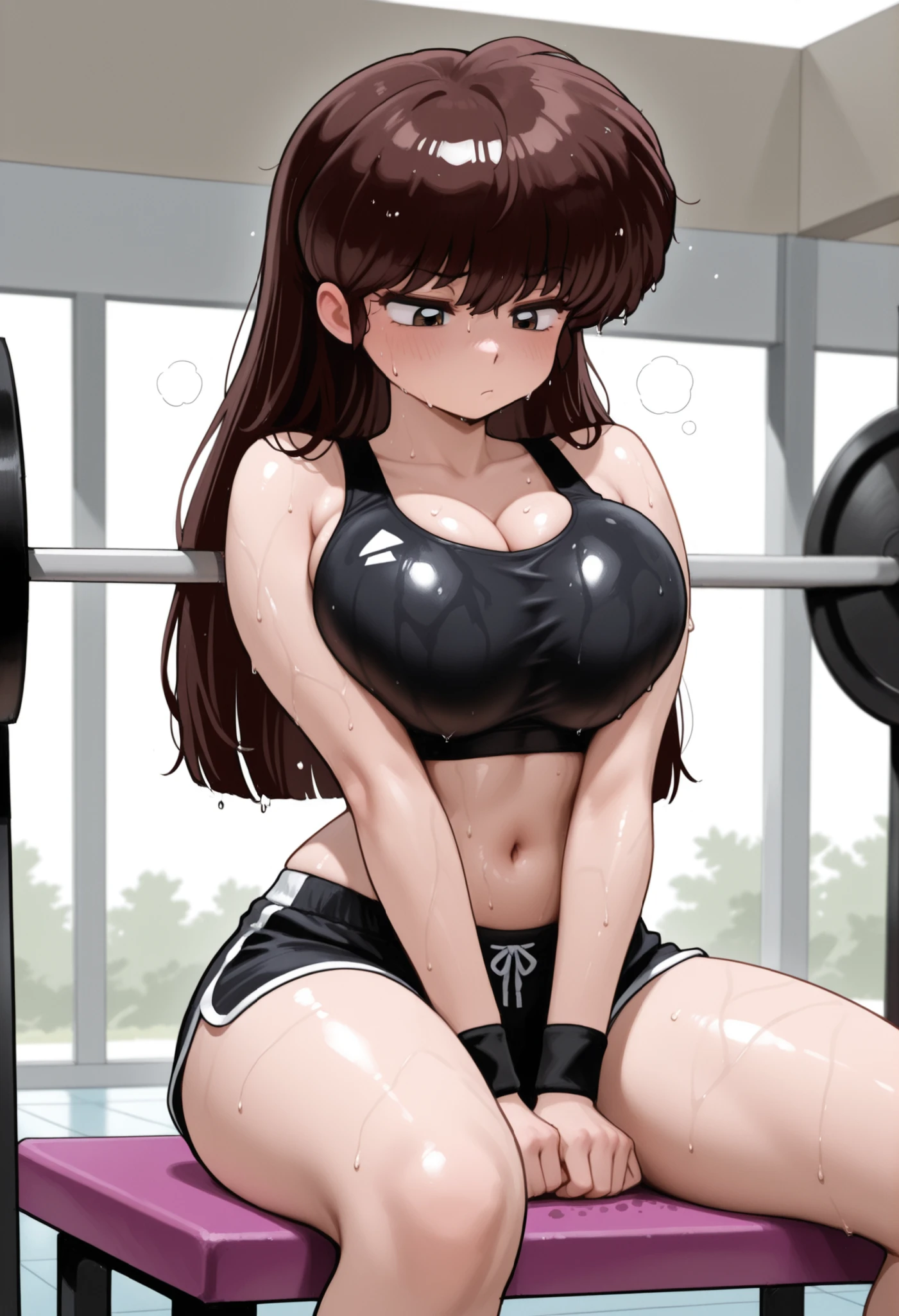uk (ranma 1/2), dark brown hair, long hair, ojos cafes, Pechos grandes, NSFW,  hair on face , wet hair, abdomen sexy, pose sexy, sexy waist,  sexy hips, workout clothes, black workout top, ultra detailed black shorts, bare navel, sweat, vapor corporal, blushed, gym, expression of boredom, bored, half-closed heavy-lidded eyes, slack mouth, relaxed, black wristbands, sighing, sitting on the exercise bench, limpiando sweat, black clothes, looking down, breasts squeezed together, squeezed breasts
