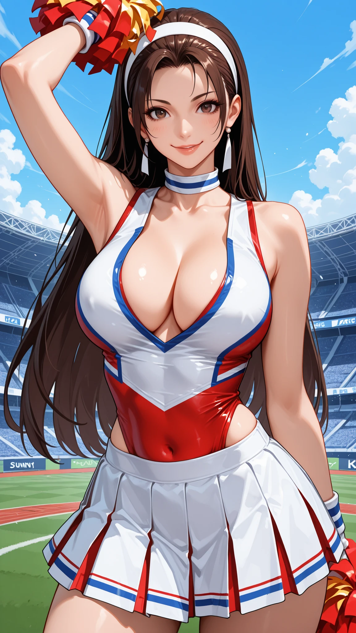 masterpiece,the best quality,high resolution,ultra detailed,1girl,Alone,Chizuru kagura (The king of fighters),long dark brown hair,white headband for hair,mature female,funny,slim body,with a sexy cheerleader uniform,red and white cheerleader short top,plunging neckline,neckline,9 year old pleated short skirt,holding red pompoms,funny pose,elegant smile,looking at the spectator,soccer stadium background,sunny day
